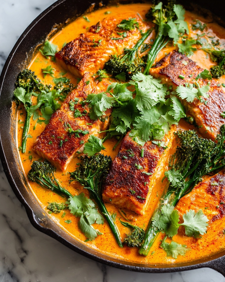 Large black cast iron skillet filled with a whole serving of creamy, rich salmon curry with multiple generous fillets of beautifully seared salmon simmered in a vibrant orange coconut curry sauce, accompanied by tender broccolini florets and topped with abundant fresh cilantro leaves, photographed from a natural 3/4 angle on a white marble countertop with natural light, professional food styling photo taken with an iphone --ar 4:5 --v 7