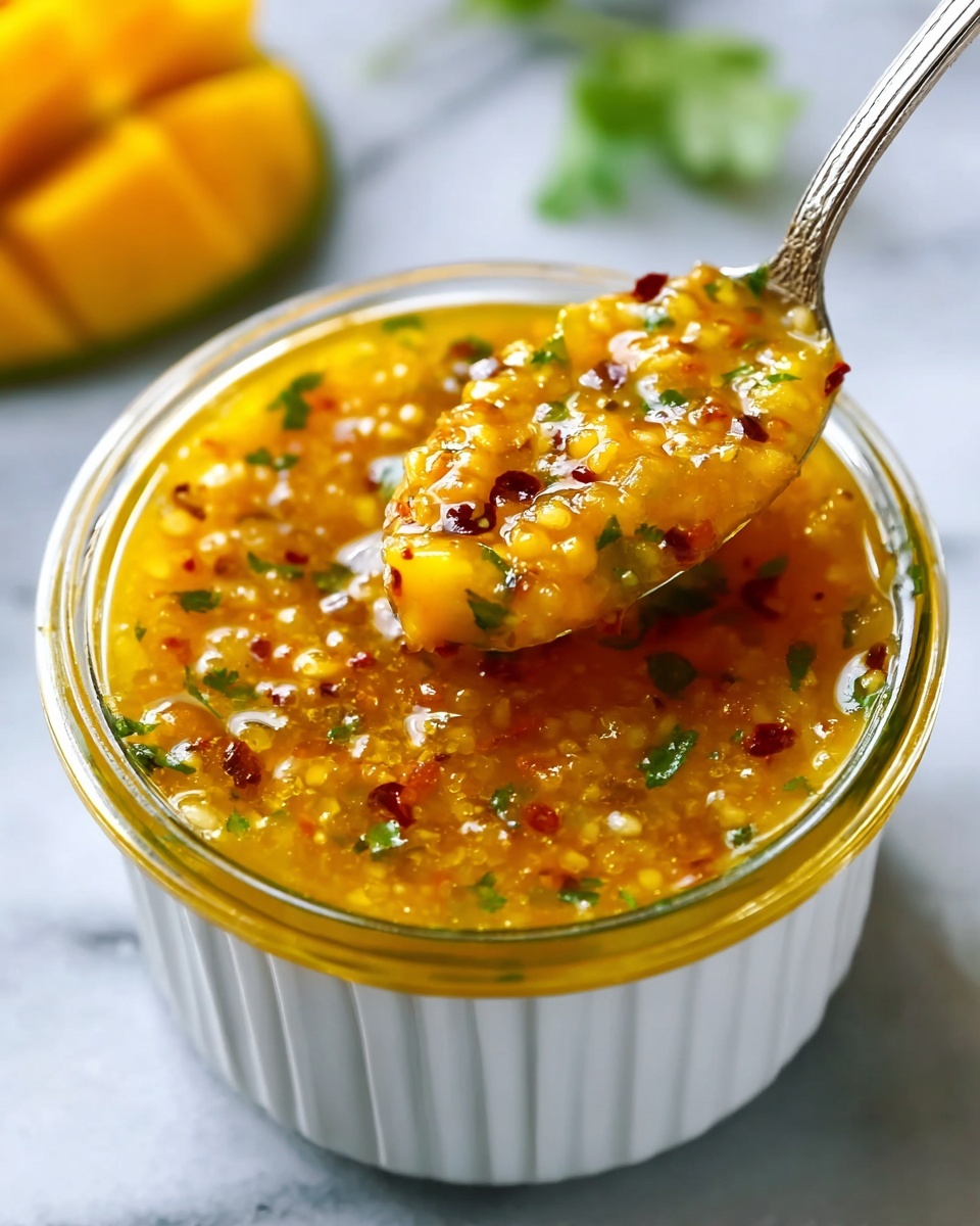 A wide white ramekin filled to the brim with vibrant golden mango chutney, bursting with finely chopped fresh herbs and visible mustard seeds, garnished with small pieces of red chili flakes, surrounded by fresh mango cubes and garlic cloves artfully arranged on a white marble countertop, captured in natural light with a professional 3/4 angle to highlight the glossy texture and colorful ingredients, whole dish photography, photo taken with an iphone --ar 4:5 --v 7