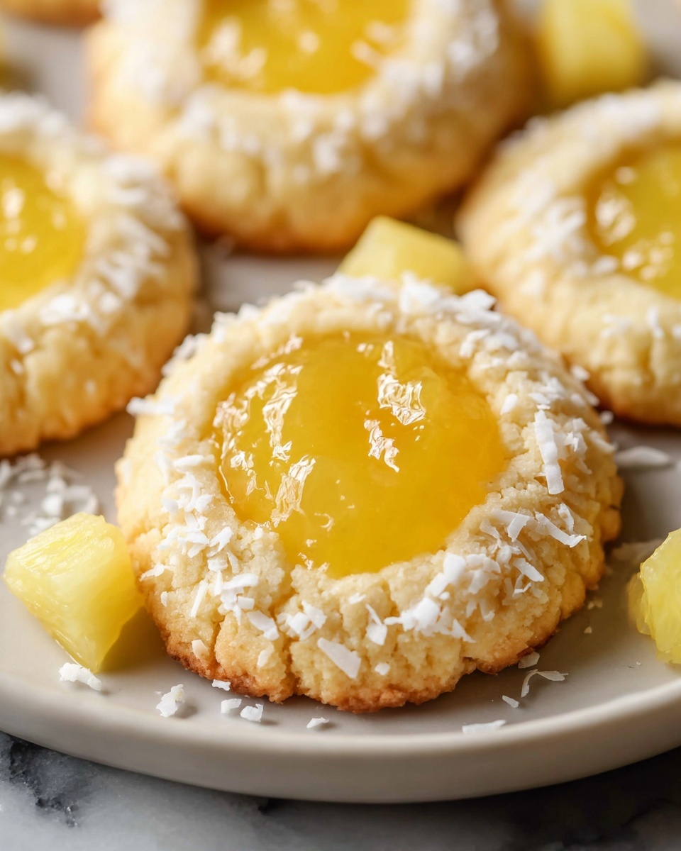 Large white platter elegantly arranged with a complete batch of round thumbprint cookies, each featuring a golden-brown buttery base topped with vibrant yellow pineapple jam nestled in the center, sprinkled generously with fine white coconut flakes. The whole batch shines under natural lighting on a white marble countertop, showcasing a uniform and inviting presentation reminiscent of a professional food magazine hero shot, photo taken with an iphone --ar 4:5 --v 7