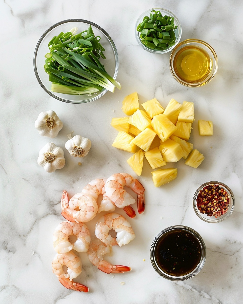 Single white bowl holding a close-up portion of spicy glazed shrimp stir-fried with golden pineapple chunks and red chili peppers, glossy sauce clinging to each ingredient, sprinkled lightly with fresh chopped green herbs, steam gently rising, plated beautifully on a white marble surface under natural light, intimate food blog style photo taken with an iphone --ar 4:5 --v 7