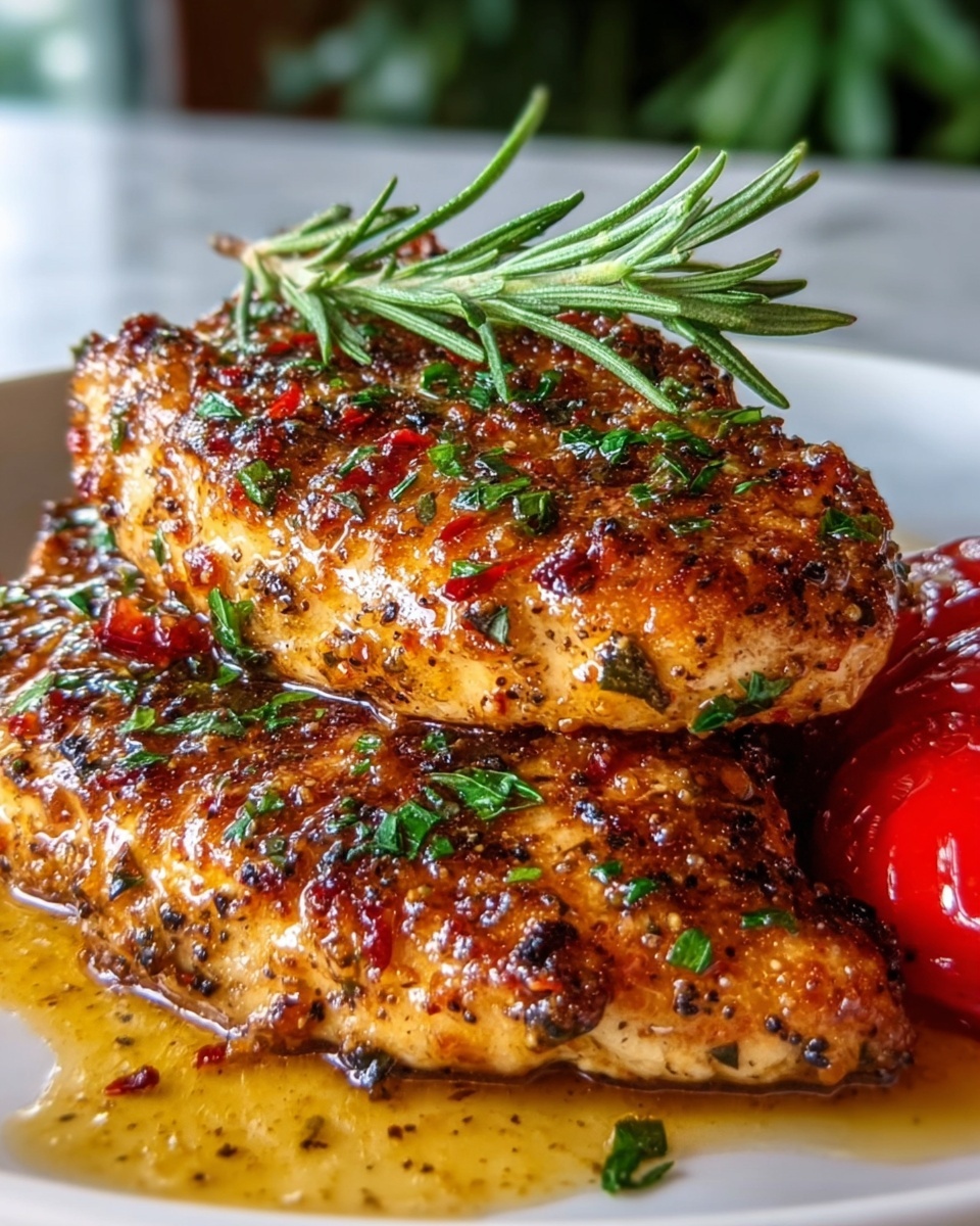 Large white serving platter showcasing a full tray of perfectly seasoned grilled chicken filets, each piece generously coated with a vibrant blend of herbs and spices, garnished with fresh chopped parsley and rosemary sprigs, glistening with flavorful juices, accompanied by bright red roasted cherry peppers and lemon wedges on the side, shot from a 3/4 angle on a white marble countertop with natural light highlighting the rich textures and colors, professional food styling photo taken with an iphone --ar 4:5 --v 7