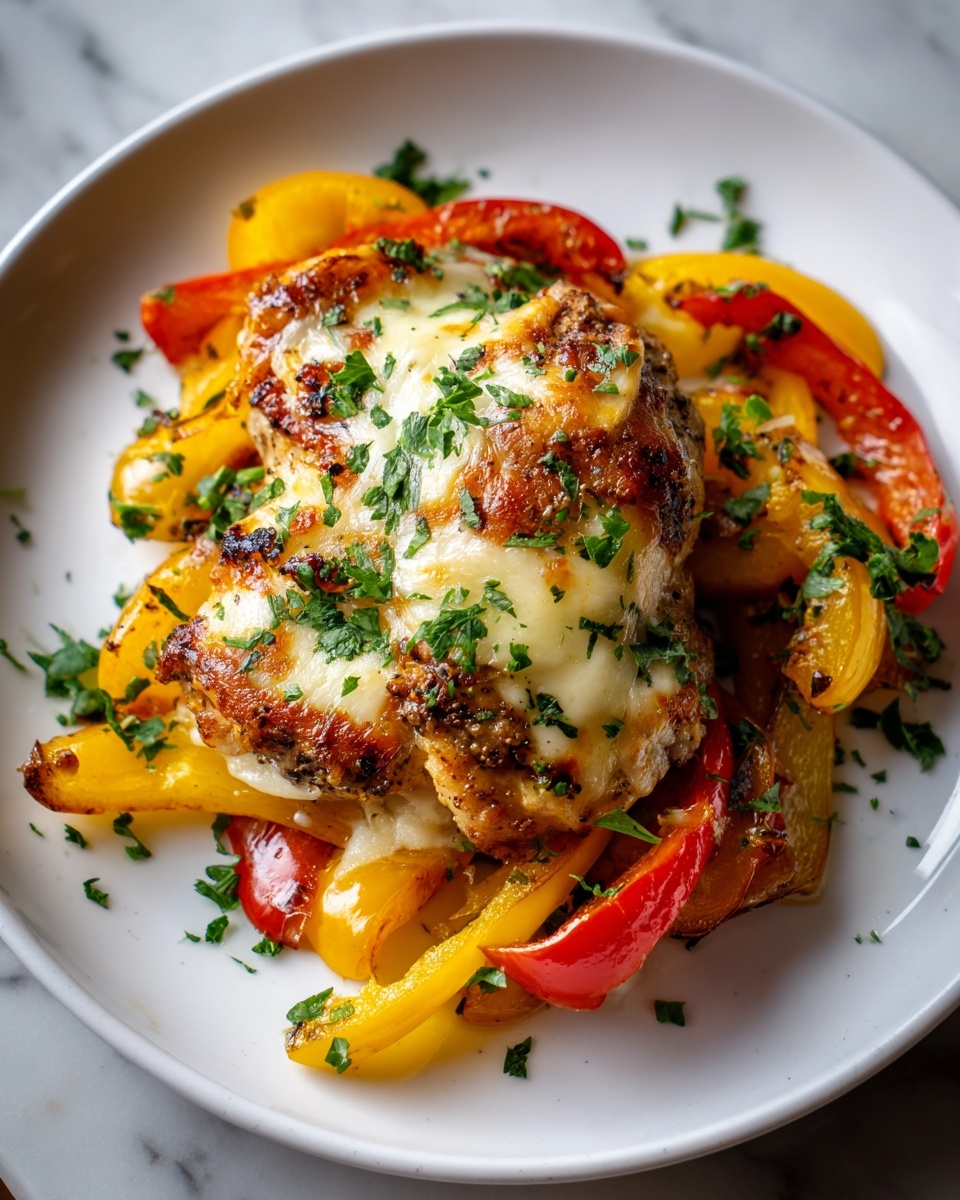 Large white serving dish filled with a full spread of baked chicken pieces topped with melted golden cheese, vibrant red and yellow bell peppers, and fresh green herbs scattered generously across, showcasing a rich, inviting texture and balanced color contrast, presented on a white marble countertop with natural lighting, professional food magazine hero shot, photo taken with an iphone --ar 4:5 --v 7