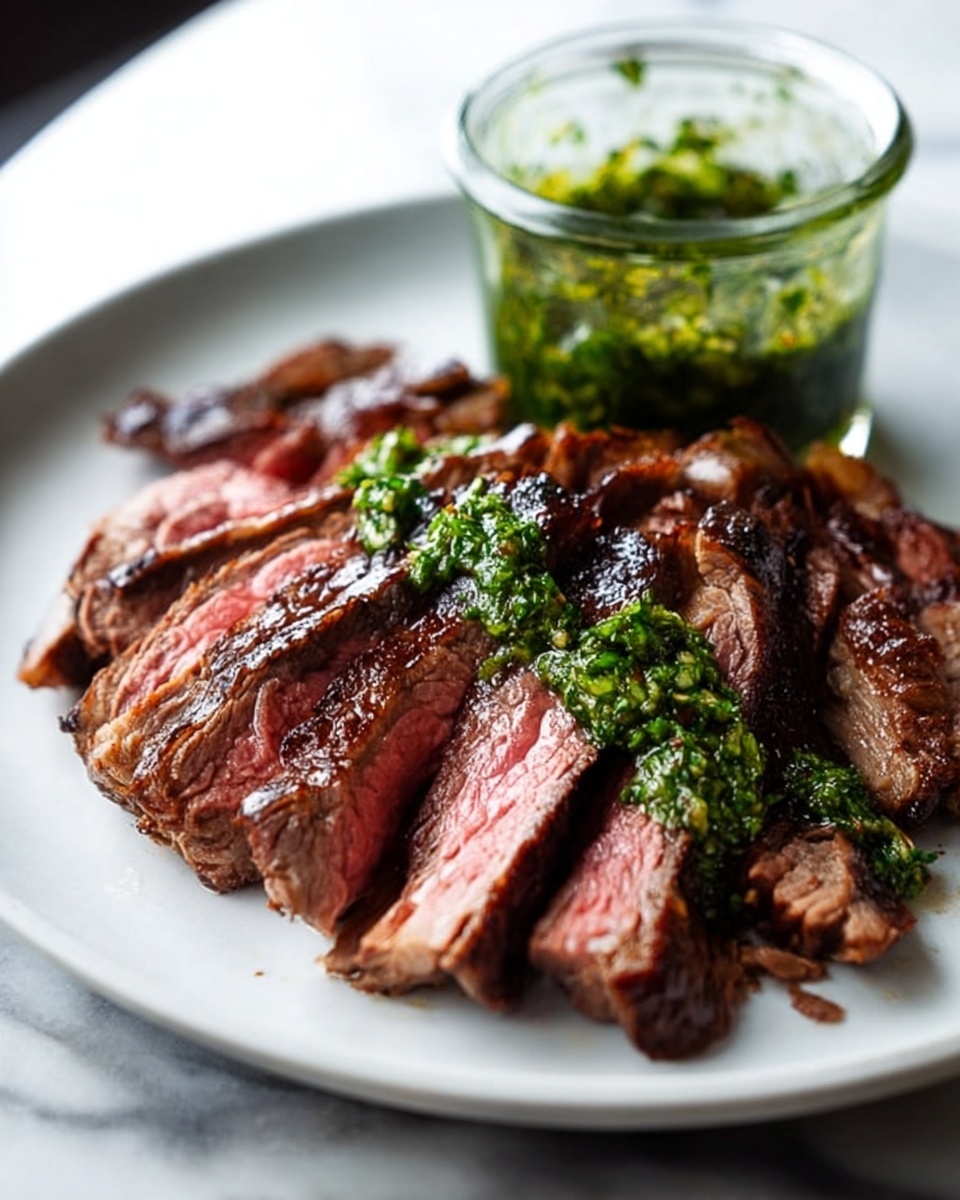 Large white serving platter showcasing a whole roasted beef flank steak, perfectly cooked with a juicy, medium-rare interior and a seared crust, topped generously with vibrant green chimichurri sauce made from fresh parsley, garlic, olive oil, and vinegar, served alongside a full jar of the sauce with a small spreading knife resting on the platter; whole dish captured in a professional 3/4 angle shot on a white marble background with natural lighting, styled like a hero food magazine photo taken with an iphone --ar 4:5 --v 7