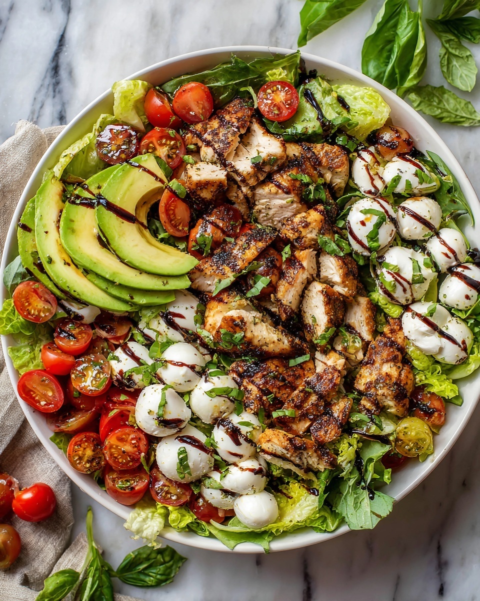 Large white bowl filled to the brim with a vibrant grilled chicken salad featuring generous portions of perfectly seasoned grilled chicken pieces, ripe avocado slices arranged in fan shapes, cherry tomatoes halved, and fresh mozzarella balls, all resting on a bed of crisp romaine lettuce and garnished with finely chopped basil leaves and a drizzle of balsamic glaze, whole dish captured in a professional 3/4 angle shot on a white marble background with soft natural lighting, styled as a hero food magazine photograph, photo taken with an iphone --ar 4:5 --v 7