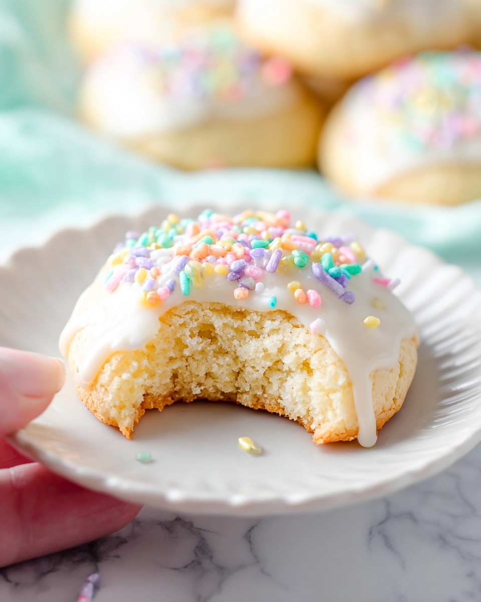 Large white round plate filled with a full batch of pastel-colored iced sugar cookies, each topped with smooth, glossy icing in soft shades of pink, blue, and peach, generously garnished with an assortment of multicolored tiny round sprinkles, all cookies arranged in an inviting pile, shot at a 3/4 angle on a white marble background with natural lighting, styled as an irresistible hero food magazine presentation, photo taken with an iphone --ar 4:5 --v 7