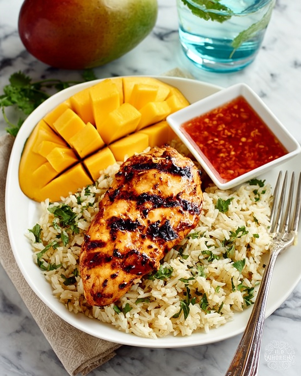 Sweet Chili Coconut-Lime Grilled Chicken with Cauliflower Rice Recipe 6 Large white plate holding a full grilled chicken fillet with perfectly charred grill marks, resting on a generous bed of fluffy herb rice mixed with fresh chopped cilantro, accompanied by a plump, whole mango sliced decoratively and a square white dish filled with vibrant red sweet chili sauce, all arranged neatly with a fork and water glass nearby on a white marble background, captured with natural lighting in a professional 3/4 angle food magazine hero shot, photo taken with an iphone --ar 4:5 --v 7