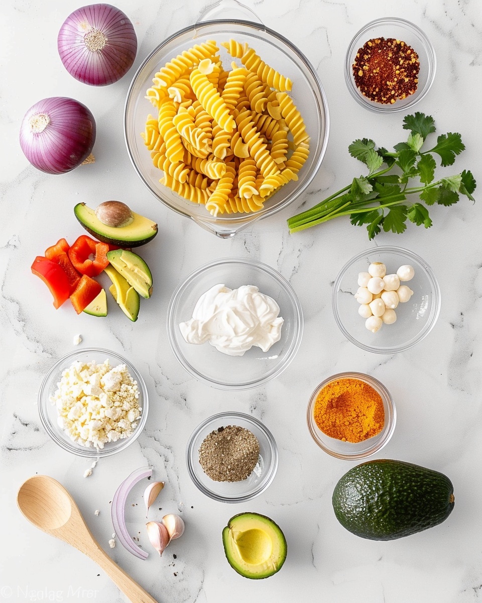 Mexican Street Corn Pasta Salad Recipe 5 Single white bowl containing a close-up, intimate portion of tricolor rotini pasta salad mixed with charred corn kernels, diced red bell peppers, chopped avocado, red onion, and fresh parsley, all topped with crumbled feta cheese. The vibrant ingredients reveal a variety of textures from the tender pasta to the creamy avocado and crumbly cheese, arranged on a white marble surface with natural lighting highlighting the freshness and colors, styled as if ready to eat. photo taken with an iphone --ar 4:5 --v 7