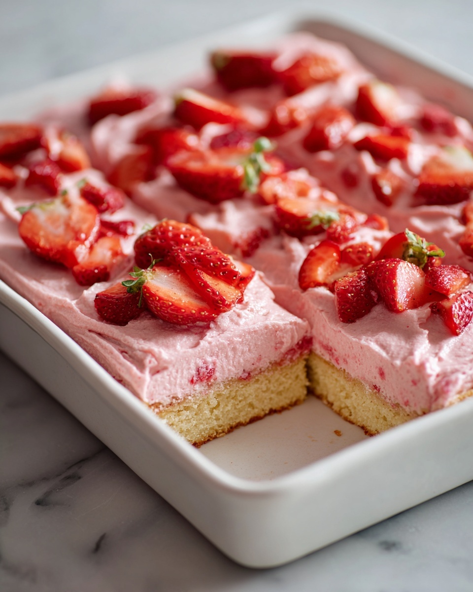 A large white rectangular baking pan filled with an entire batch of strawberry shortbread bars, each bar featuring a thick, creamy layer of pink strawberry frosting topped with freshly chopped strawberries, the shortbread base golden and perfectly baked, the whole dish presented from a 3/4 angle on a white marble countertop with natural light illuminating the vibrant colors, styled as a professional food magazine hero shot, photo taken with an iphone --ar 4:5 --v 7