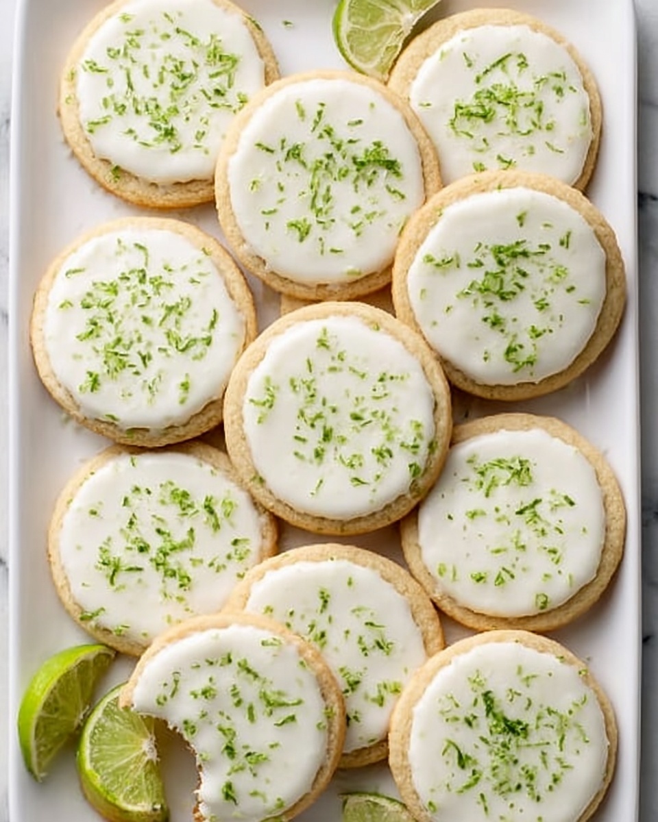 Large white rectangular platter filled with a full batch of round lime-frosted sugar cookies, each cookie topped with smooth white icing and sprinkled generously with fresh lime zest, arranged in neat rows with a few whole cookies and one with a bite taken out to show texture, all placed on a white marble countertop under natural lighting, professional food styling, hero shot photo taken with an iphone --ar 4:5 --v 7
