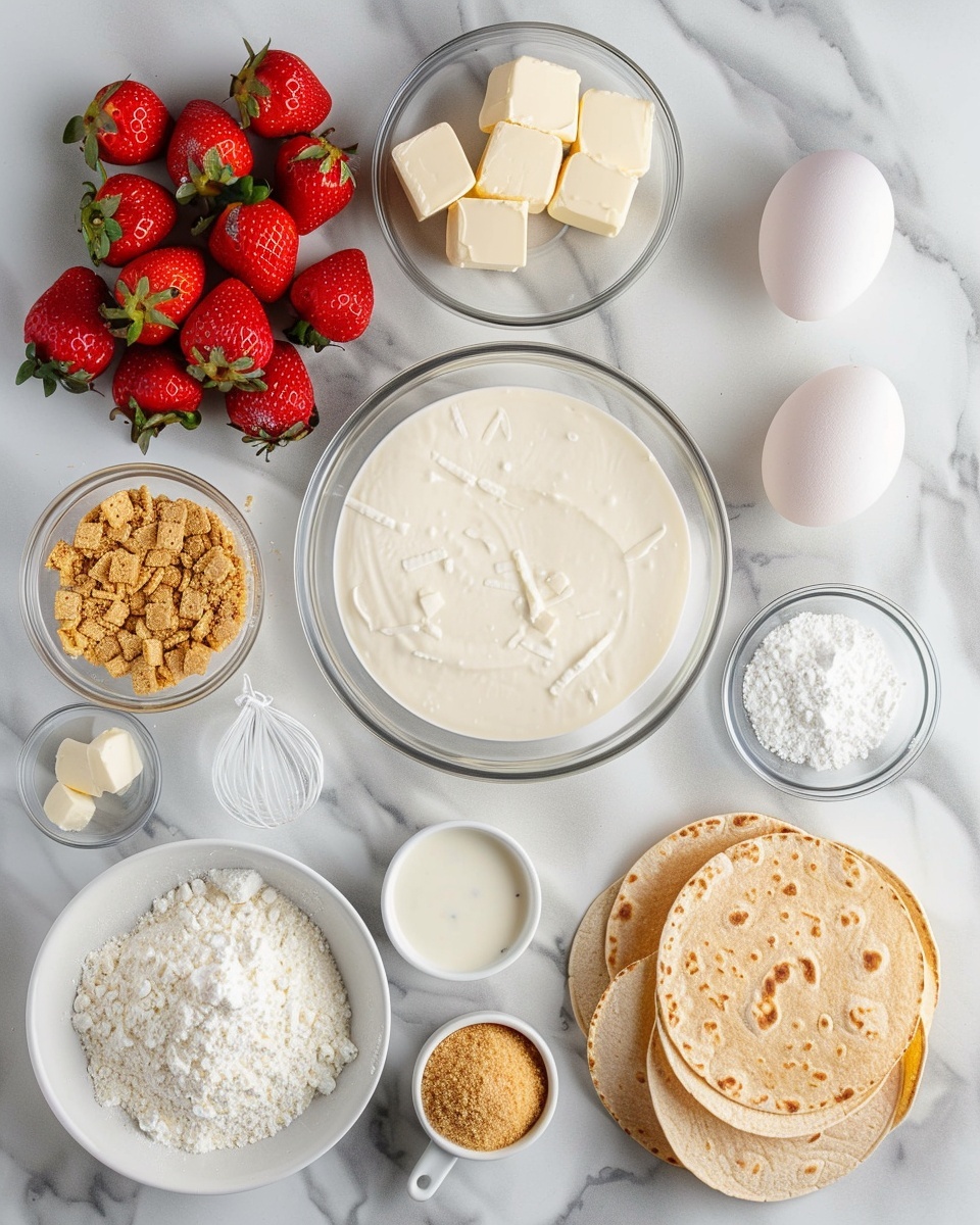 Cheesecake Taco Cups with Strawberry Glaze Recipe 5 Single white plate with one golden-brown graham cracker taco shell filled with a swirl of smooth creamy white filling and topped generously with glistening red strawberry compote, close-up angle capturing the crisp texture of the shell and the vibrant, juicy strawberry pieces, natural lighting highlighting the glossy shine of the fruit topping, set on a white marble surface, styled as a ready-to-eat dessert serving photo taken with an iphone --ar 4:5 --v 7