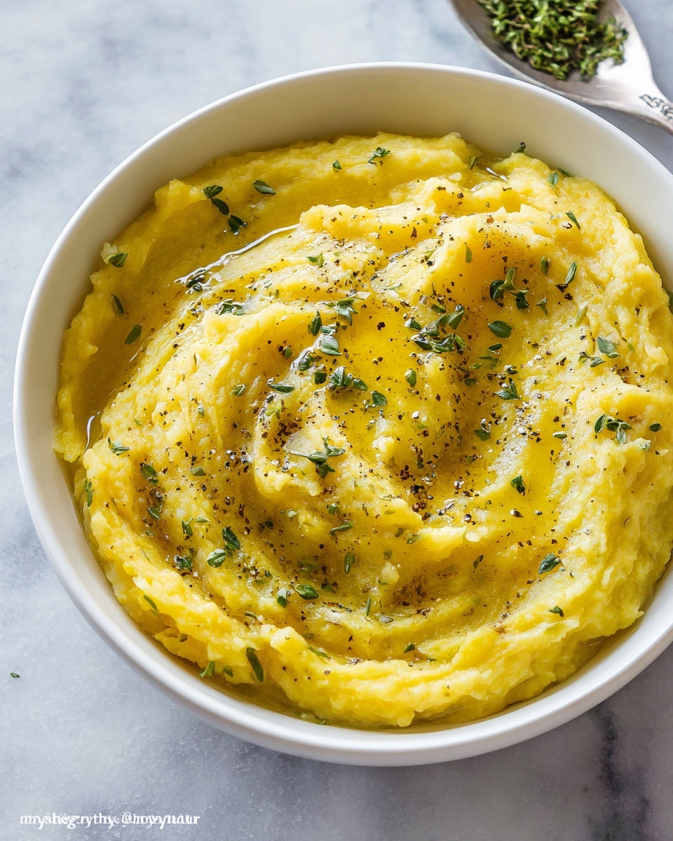 Large white bowl filled with a full serving of creamy golden mashed potatoes, swirled with melted butter on top and sprinkled with freshly cracked black pepper and chopped herbs, accompanied by a small glass bowl of finely chopped dried herbs on the side, all photographed in natural light on a white marble surface, professional food styling photo taken with an iphone --ar 4:5 --v 7