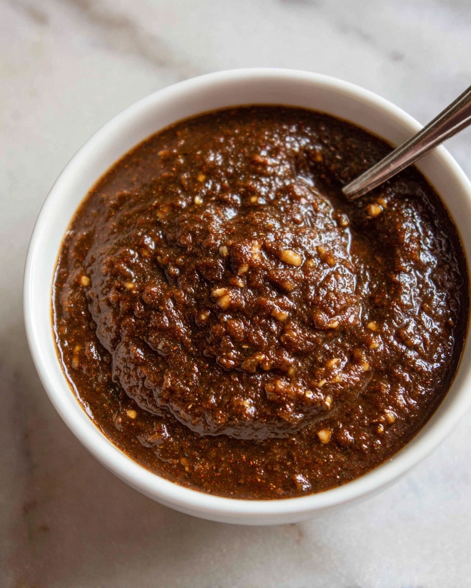 Large white bowl filled with rich, thick homemade mole sauce, showcasing a glossy, deep brown texture with visible flecks of spices, nuts, and herbs, spoon resting inside, entire bowl photographed from a slight 3/4 angle on white marble countertop, natural lighting, professional food styling photo taken with an iphone --ar 4:5 --v 7