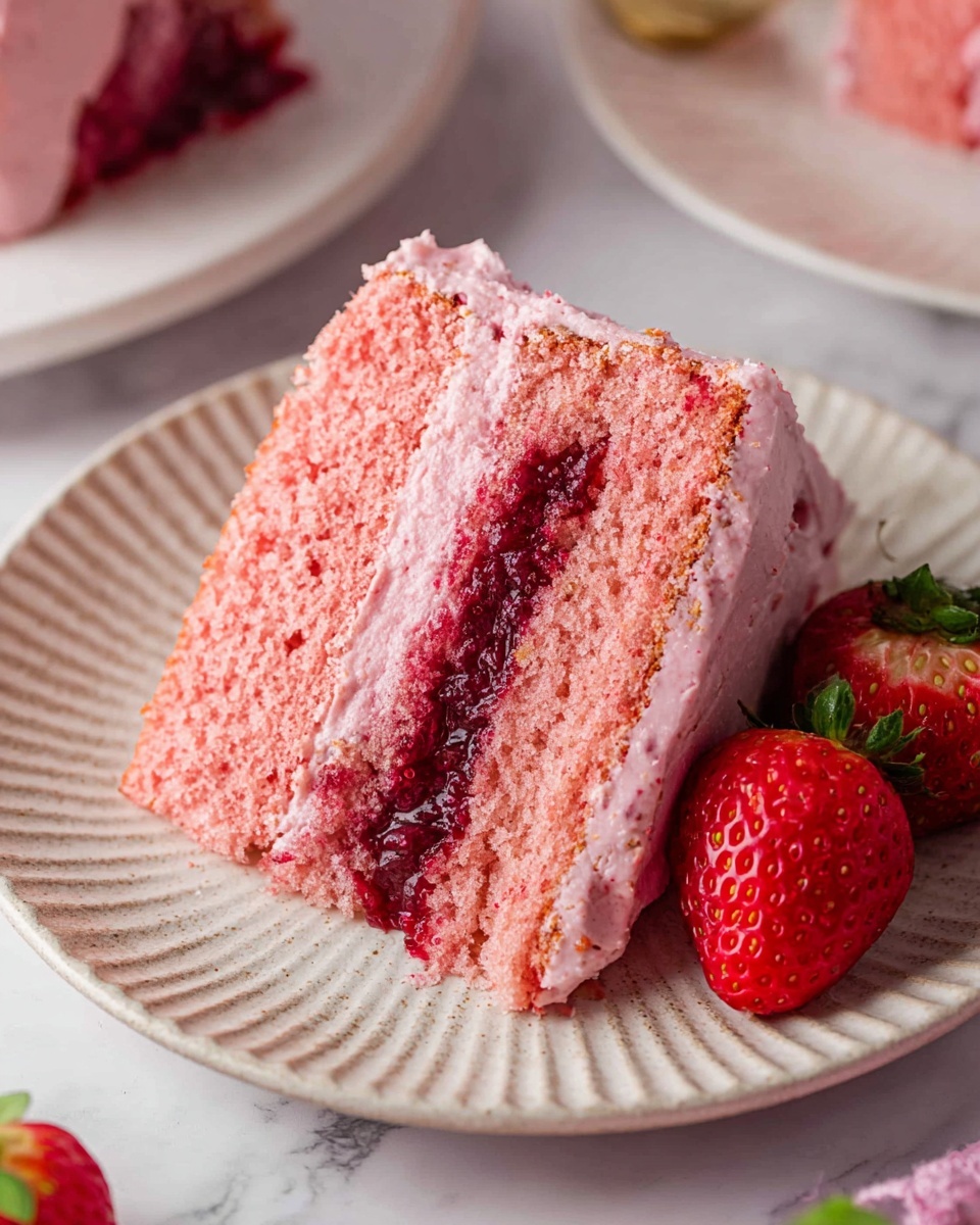 Whole round pink strawberry cake fully frosted with smooth pink icing, decorated with fresh halved and whole strawberries along the top edge, accented with small white piped dollops of cream, sitting on a white ceramic plate, photographed from a 3/4 angle on a white marble surface with natural lighting, professional food magazine hero shot, photo taken with an iphone --ar 4:5 --v 7