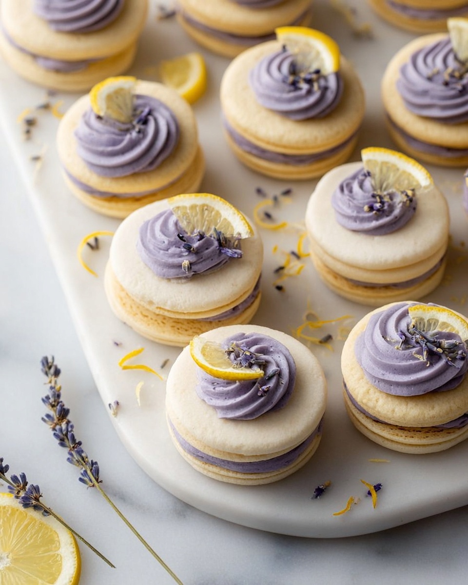 A pristine white platter beautifully arranged with an entire batch of delicate lemon lavender sandwich cookies, each composed of two round buttery lemon cookies filled generously with smooth lavender-infused purple cream, topped with a swirl of the same cream, a thin slice of dried lemon, and a few small sprigs of fresh lavender blossoms, scattered lavender buds and thin lemon zest strands artfully placed around the platter on a white marble countertop, captured in soft natural lighting from a 3/4 angle for a professional food magazine hero shot, photo taken with an iphone --ar 4:5 --v 7