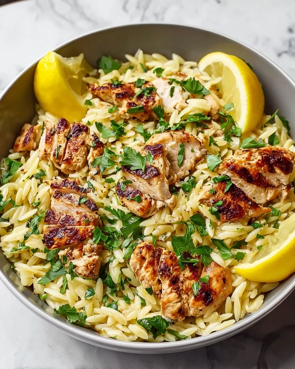 Large white serving bowl filled with creamy orzo pasta mixed with tender grilled chicken pieces, garnished generously with fresh parsley and lemon wedges around the edges, showcasing the entire dish with golden seared chicken and vibrant green herbs, photographed from a 3/4 angle on a white marble countertop with natural lighting, professional food magazine style hero shot photo taken with an iphone --ar 4:5 --v 7