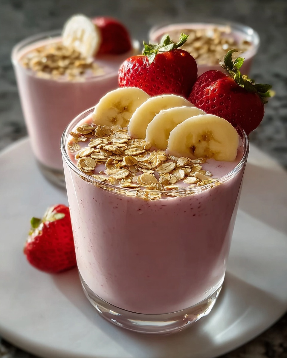 Large white platter featuring a full serving of creamy strawberry banana smoothie artfully poured and topped with a generous layer of rolled oats, fresh banana slices arranged in a neat row, and vibrant whole strawberries, the entire dish presented as multiple portions in clear glass cups, photographed from a professional 3/4 angle on a white marble surface in natural lighting, styled like a premium food magazine hero shot, photo taken with an iphone --ar 4:5 --v 7
