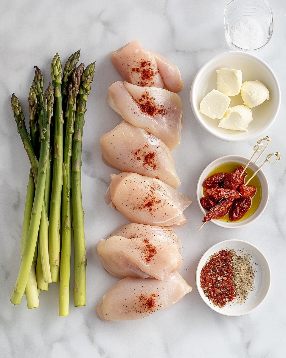 Single white ceramic plate showcasing one rolled and stuffed chicken breast portion, sliced open to reveal melted cheese, vibrant asparagus spears, and sun-dried tomatoes inside, glistening with seasoned golden brown sear and juices pooling gently on the plate, natural light highlighting the tender layers and textures of the filling, placed on a white marble surface, intimate plated serving photo taken with an iphone --ar 4:5 --v 7