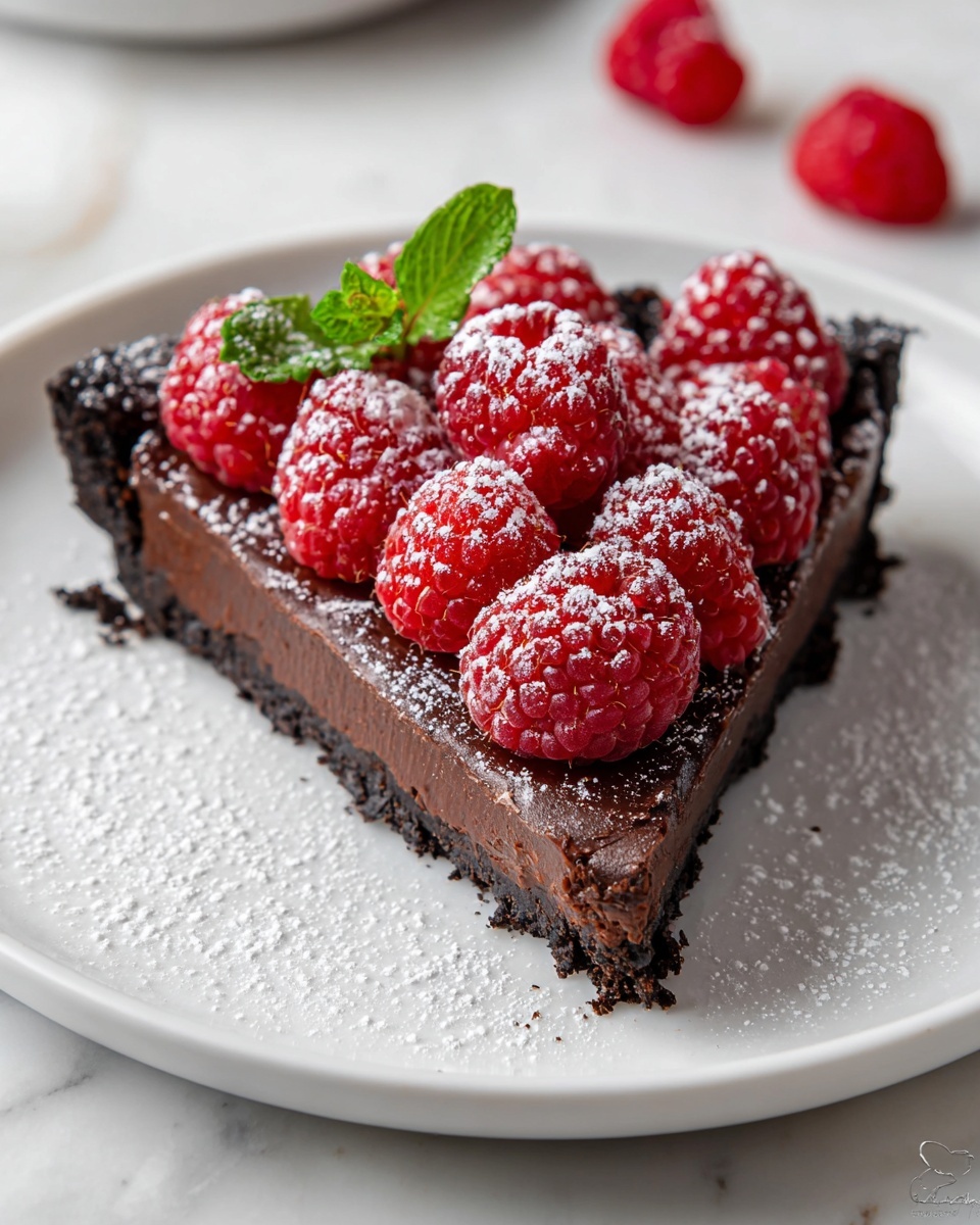Whole chocolate tart with a dark chocolate crust, fully topped with a dense layer of fresh, bright red raspberries evenly arranged in concentric circles and dusted lightly with powdered sugar, garnished with a small sprig of fresh mint in the center, presented on a large white plate, shot from a 3/4 angle, on a white marble countertop with natural light, styled like a hero food magazine photo taken with an iphone --ar 4:5 --v 7