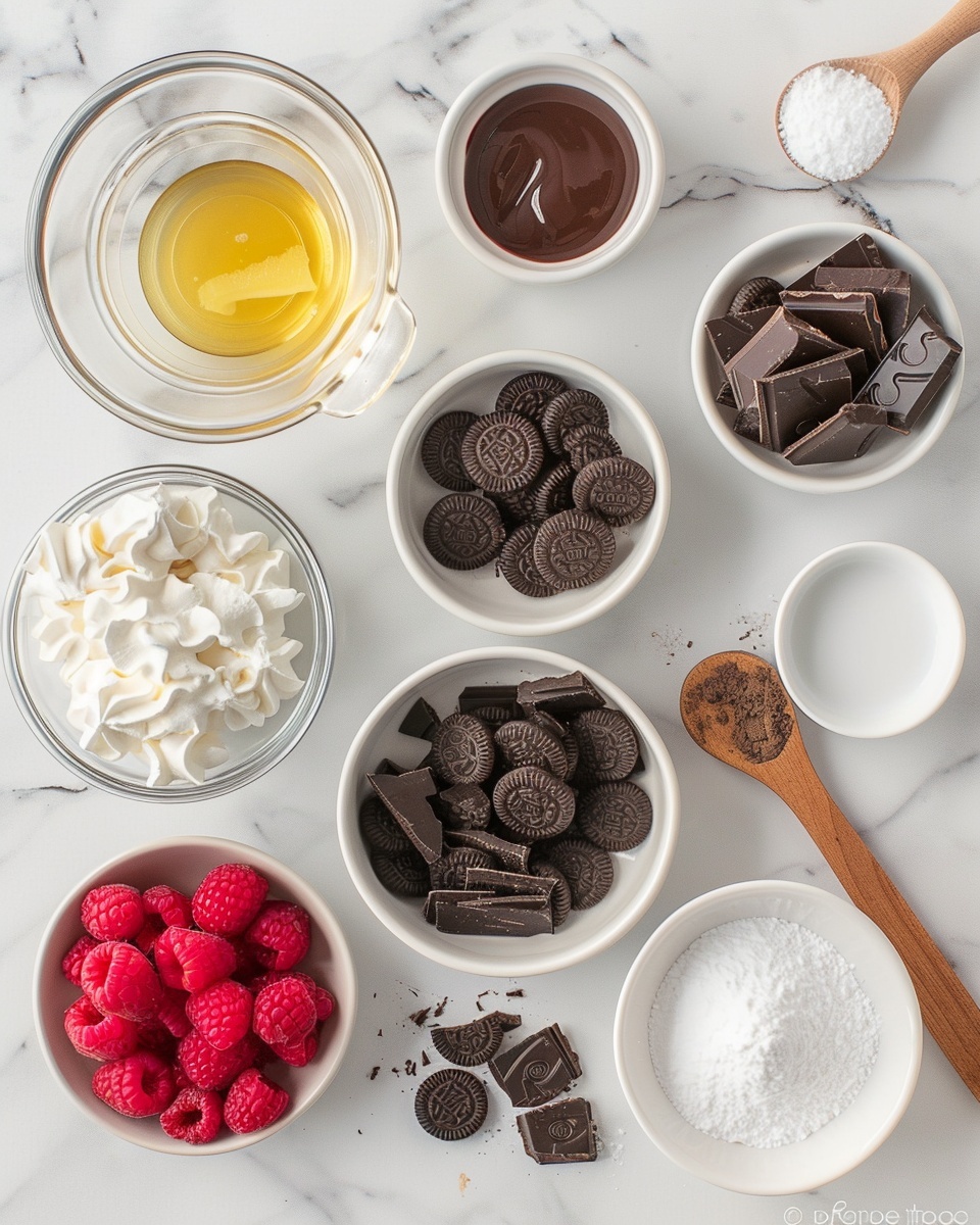 Single slice of rich chocolate tart with a crumbly dark chocolate crust, topped with plump fresh raspberries dusted lightly with powdered sugar, a small sprig of fresh mint adding a pop of green, showing the dense and smooth chocolate interior texture, styled on a white plate set on white marble surface, natural lighting highlighting the glossy chocolate layers and vibrant red raspberries, close-up angled view like a food blog presentation, photo taken with an iphone --ar 4:5 --v 7