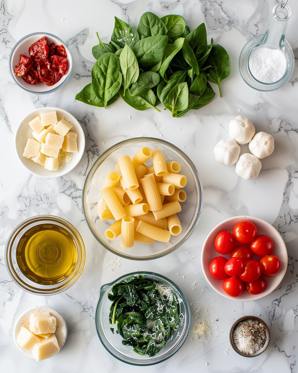 Single white bowl with a plated serving of Italian pasta salad featuring cavatappi noodles mixed with halved cherry tomatoes, fresh spinach and basil leaves, diced mozzarella pearls, sundried tomato strips, and finely chopped red onions, tossed in a light herb vinaigrette, close-up angle highlighting the corkscrew pasta texture and vibrant mix of fresh ingredients, garnished with a basil leaf on top, presented on a white marble background, natural lighting, intimate food blog style photograph taken with an iphone --ar 4:5 --v 7
