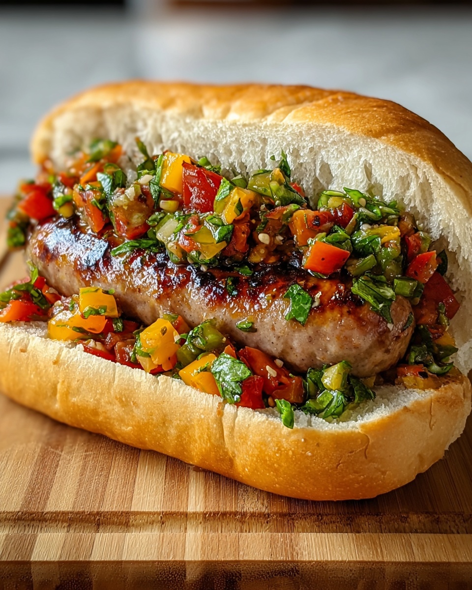 Long white sandwich bun filled with a grilled Italian sausage topped with vibrant, chunky pepper and herb relish, the full sausage sandwich shown whole on a white plate, professional 3/4 angle food photography on a white marble countertop with natural lighting, styled like a hero shot from a food magazine, photo taken with an iphone --ar 4:5 --v 7