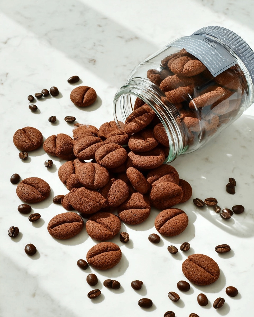 Clear plastic jar filled with a full batch of round coffee bean-shaped cookies, all intact and uniformly baked with a visible coffee bean groove on each, spilling slightly onto a pristine white marble surface, accented by scattered whole coffee beans around the jar, photographed at a 3/4 angle with natural lighting, styled like a premium magazine hero shot --ar 4:5 --v 7