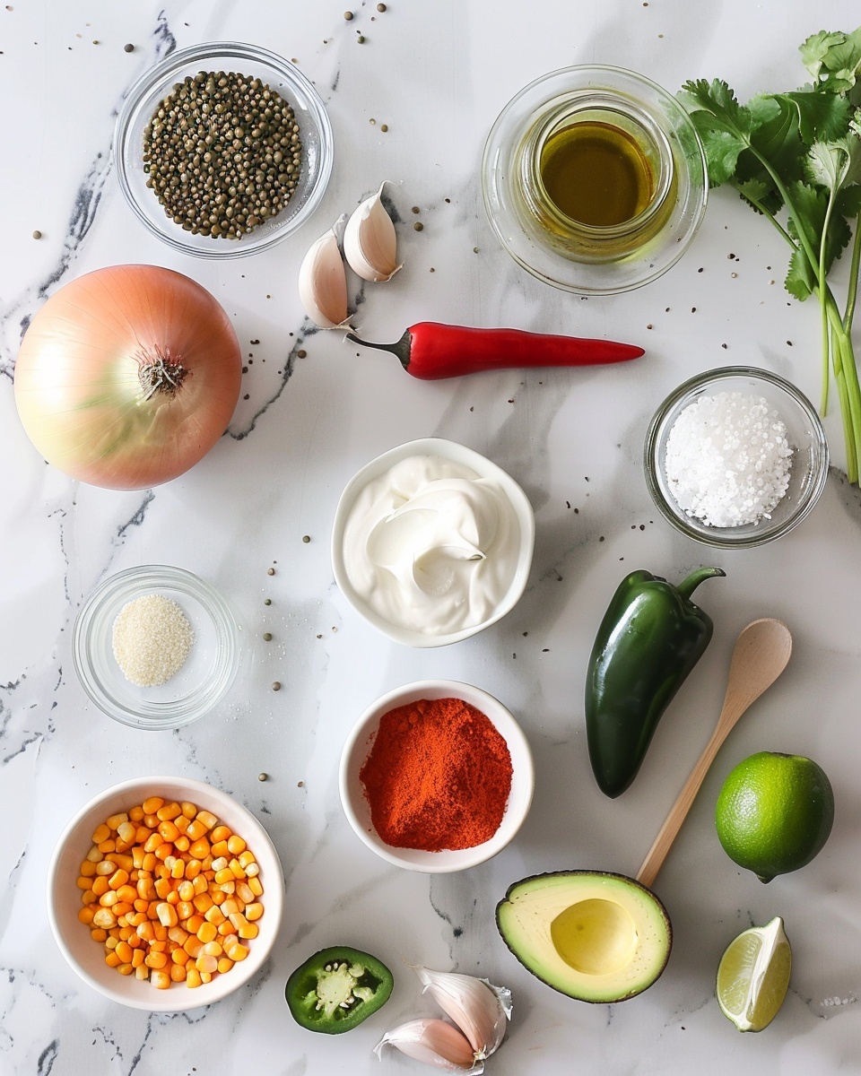 Single white bowl containing a close-up of one serving of creamy Mexican black bean soup, showcasing a rich, thick texture with visible corn kernels and black beans, topped with fresh chopped cilantro, vibrant green jalapeño slices, crispy golden tortilla strips, and a dollop of smooth sour cream, all presented on a white marble surface with natural lighting, intimate plated serving photo taken with an iphone --ar 4:5 --v 7