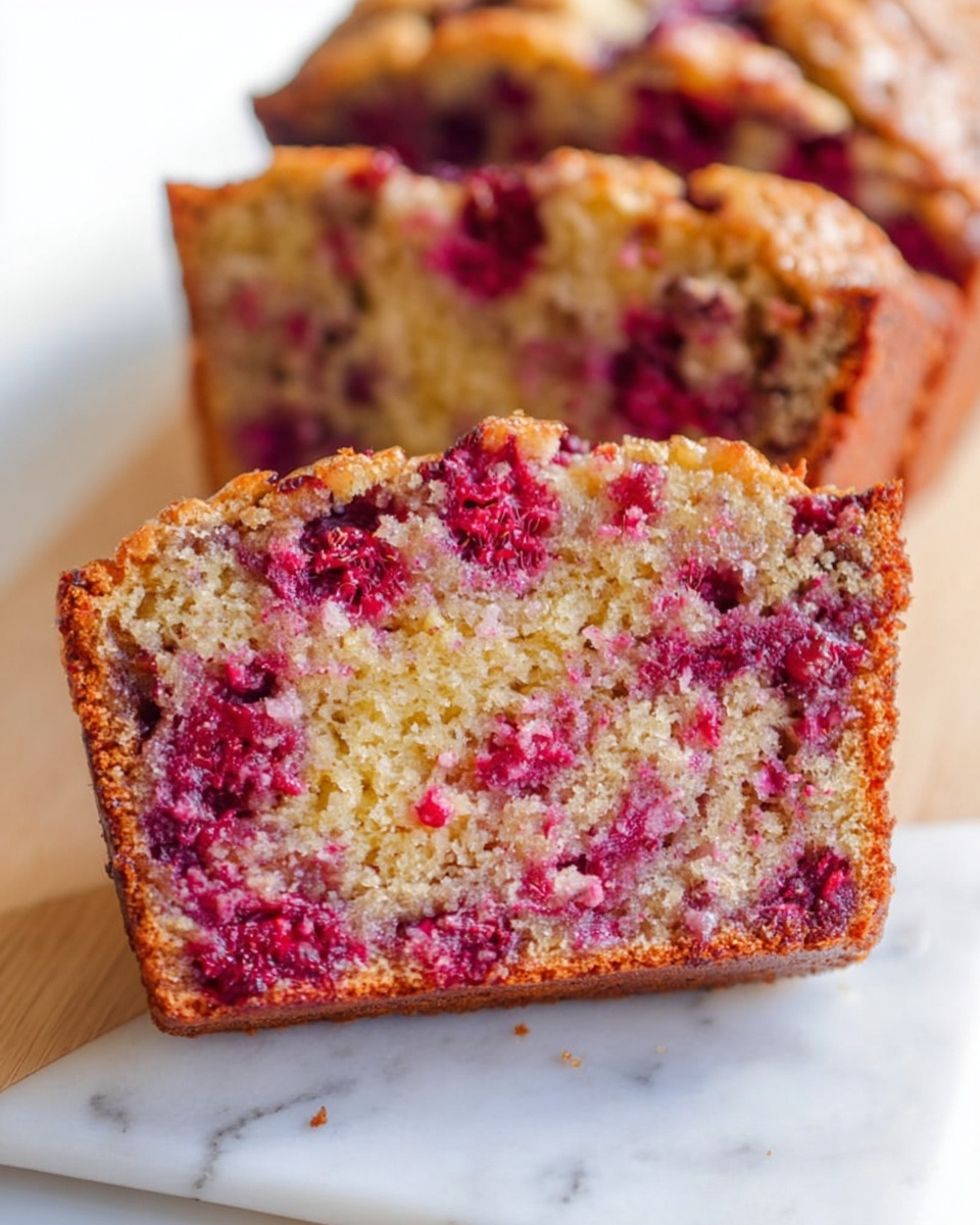 A whole loaf of raspberry bread on a white rectangular serving platter, showcasing a golden-brown crust studded with vibrant red raspberries throughout, the top dusted lightly with powdered sugar for a delicate finish, edges slightly crisp and the interior appearing moist and dense with evenly distributed fruit, shot from a 3/4 angle to highlight the texture of the crust and berries, set on a white marble background with natural lighting, styled as a professional food magazine hero shot, photo taken with an iphone --ar 4:5 --v 7