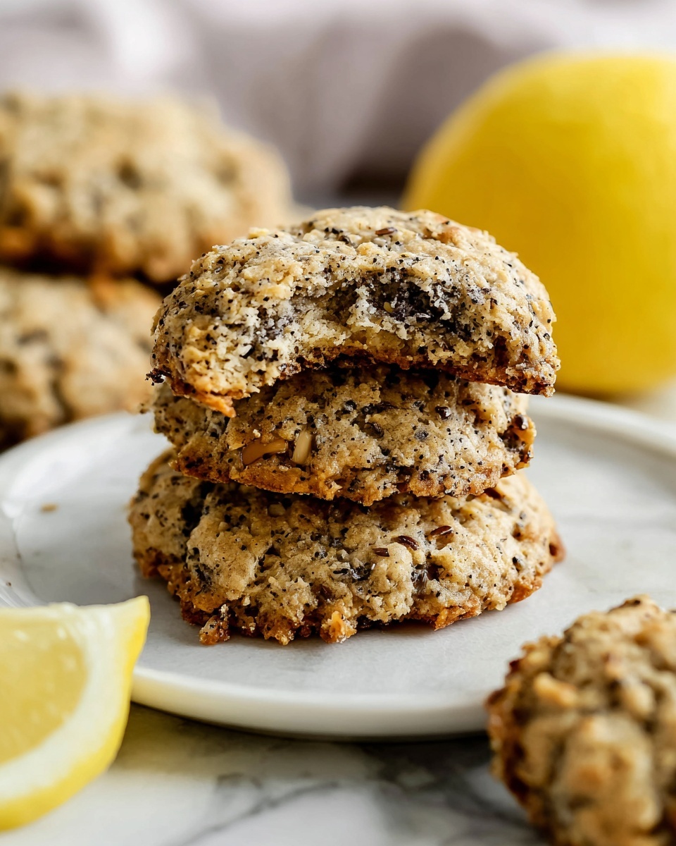 A white rectangular platter filled with a full batch of lemon poppy seed cookies arranged neatly in several rows, each cookie featuring a golden-brown textured surface with visible poppy seeds and lemon zest speckles, complemented by fresh whole and halved lemons placed artistically in the background, all placed on a white marble countertop with natural light highlighting the cookies' crisp edges, professional food magazine hero shot, photo taken with an iphone --ar 4:5 --v 7