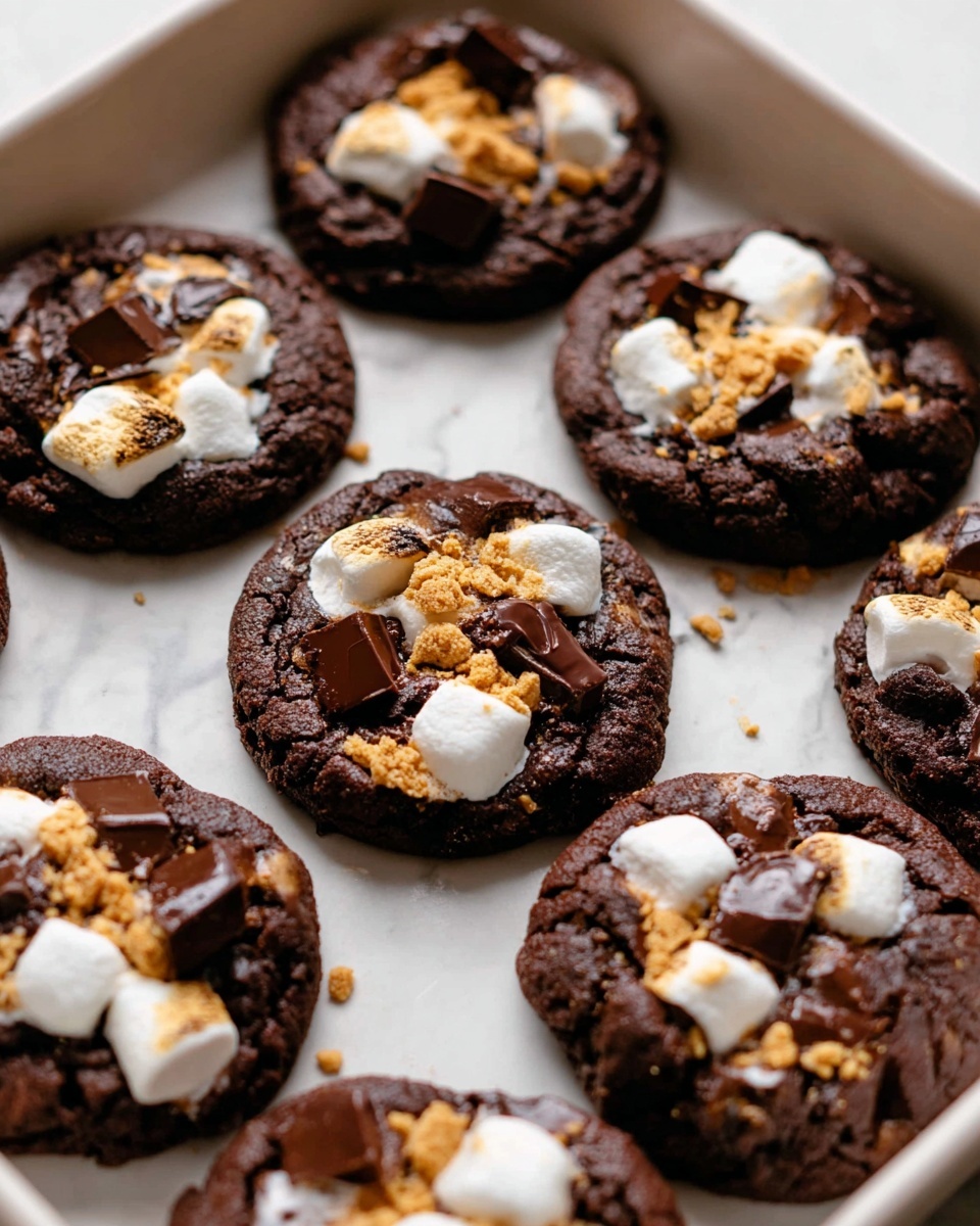 A white rectangular baking tray filled with freshly baked whole chocolate s'mores cookies, each cookie topped with melted marshmallows, chunks of dark chocolate, and scattered golden graham cracker pieces, arranged neatly side by side, the rich dark chocolate dough contrasting beautifully with the creamy white marshmallows and crisp cracker bits, photographed from a 3/4 angle on a white marble countertop with natural lighting, styled like a professional hero food magazine shot, photo taken with an iphone --ar 4:5 --v 7
