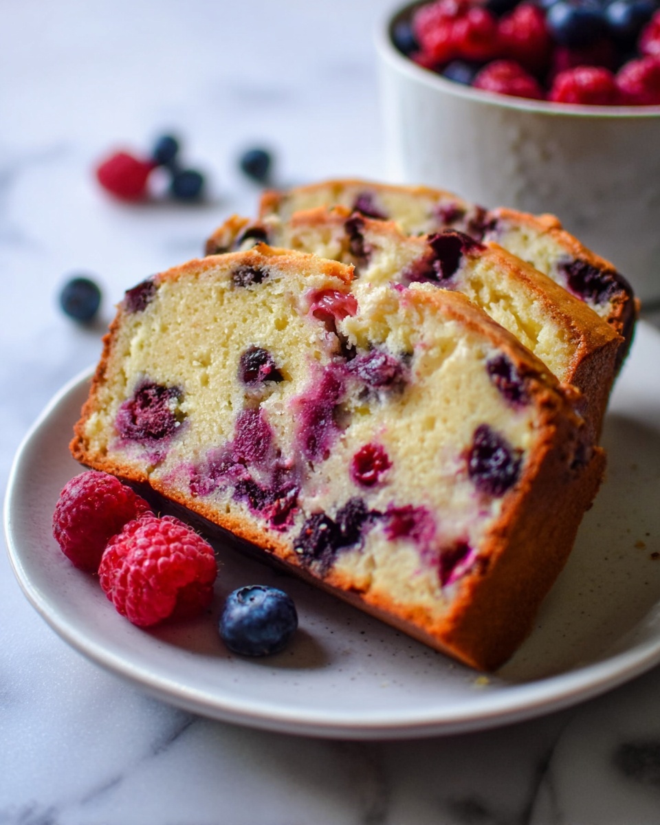 Large white rectangular baking dish filled with a golden-brown homemade mixed berry loaf cake, featuring plump blueberries and raspberries throughout, the top evenly risen with natural cracks revealing the soft, moist interior, whole loaf presented at a slight 3/4 angle on a white marble countertop, with natural lighting highlighting the texture and colors, professional food styling photo taken with an iphone --ar 4:5 --v 7