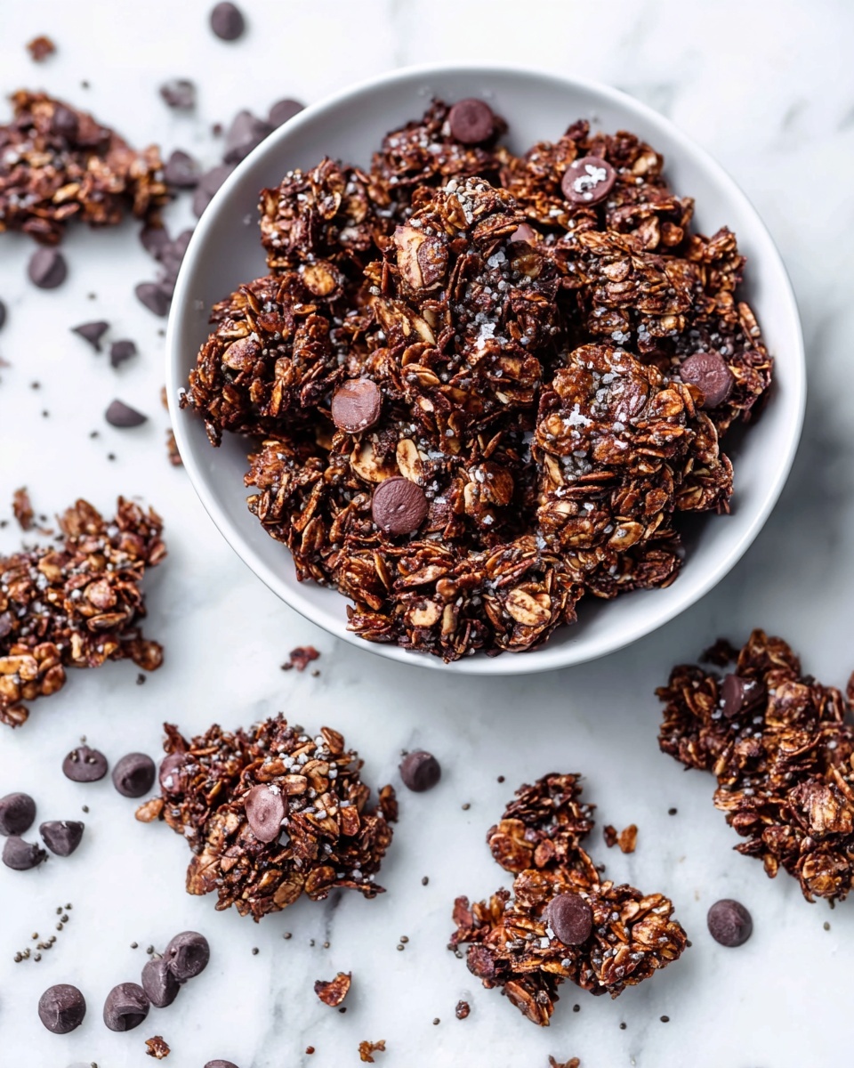 Large white serving bowl overflowing with rich chocolate granola clusters mixed with whole oats, chia seeds, and chocolate chips, surrounded by scattered clusters on a white marble surface, garnished with a sprinkle of sea salt, whole dish photographed from a 3/4 angle with natural lighting, professional food styling photo taken with an iphone --ar 4:5 --v 7