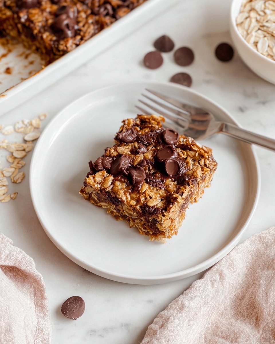 A large white rectangular baking pan filled with freshly baked oatmeal chocolate chip bars, showcasing a rustic golden-brown oat texture studded with generous chocolate chips throughout, presented as an entire uncut tray on crinkled parchment paper, photographed from a 3/4 angle on a white marble background with natural lighting, styled like a professional food magazine hero shot, photo taken with an iphone --ar 4:5 --v 7