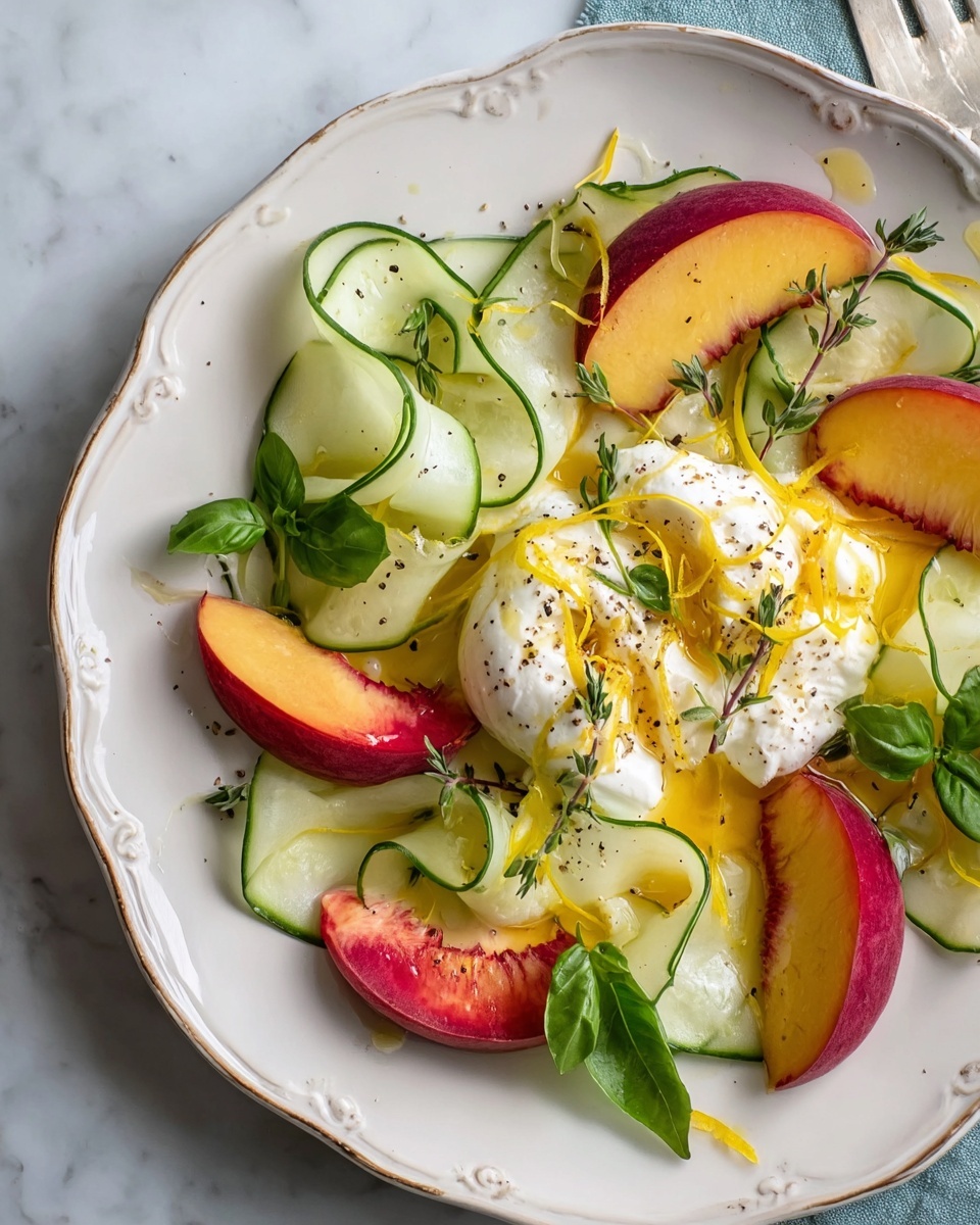 A large white serving platter with a vibrant peach and burrata salad featuring whole ripe peaches halved to reveal their deep red centers, delicate curls of fresh cucumber ribbons, dollops of creamy burrata cheese seasoned with cracked black pepper, scattered fresh basil and thyme leaves, and thin lemon zest spirals, all arranged beautifully to highlight the contrast of colors and textures, photographed from a professional 3/4 angle on a white marble countertop with natural lighting, capturing the entire dish as a stunning food magazine hero shot, photo taken with an iphone --ar 4:5 --v 7