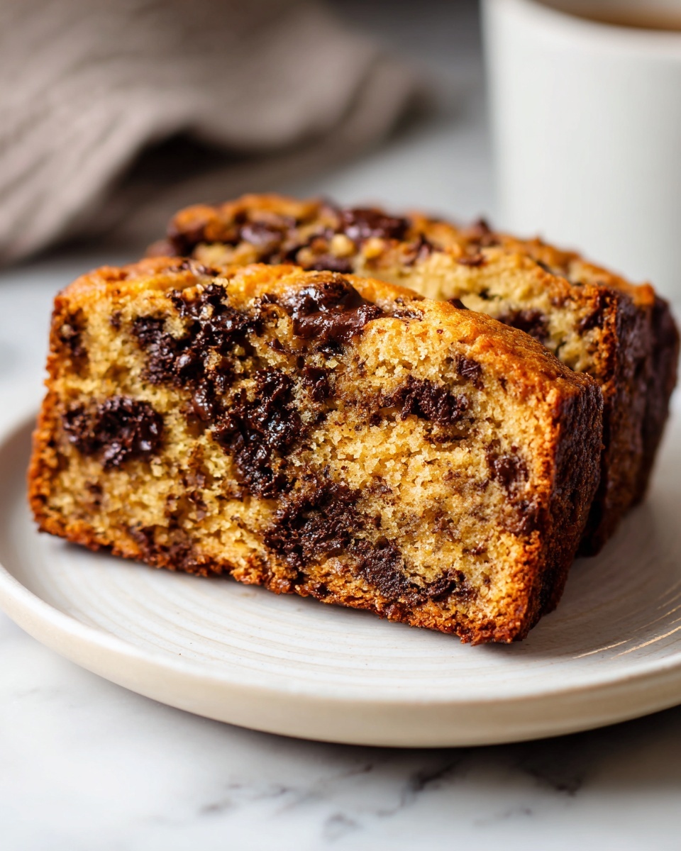 Full rectangular glass baking dish filled with a whole golden-brown chocolate chip banana bread loaf, generously studded with large melted chocolate chips on top, showcasing a moist and fluffy texture with a slightly cracked surface, presented at a 3/4 angle on a white marble countertop, natural lighting highlighting the warm tones, professional food styling photo taken with an iphone --ar 4:5 --v 7