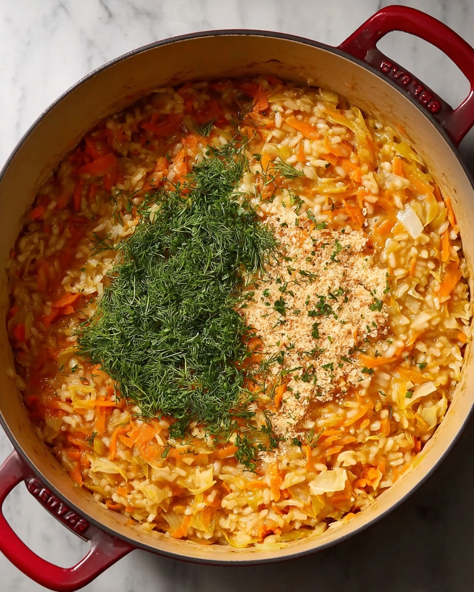 Large round Staub red cast iron pot filled with a vibrant vegetable risotto, featuring plump Arborio rice nestled in a rich, golden-orange broth with sautéed finely chopped carrots and cabbage, topped with fresh bright green dill scattered generously over the surface, presented whole and unserved, photographed from above on a white marble countertop, natural lighting, professional food magazine hero shot photo taken with an iphone --ar 4:5 --v 7