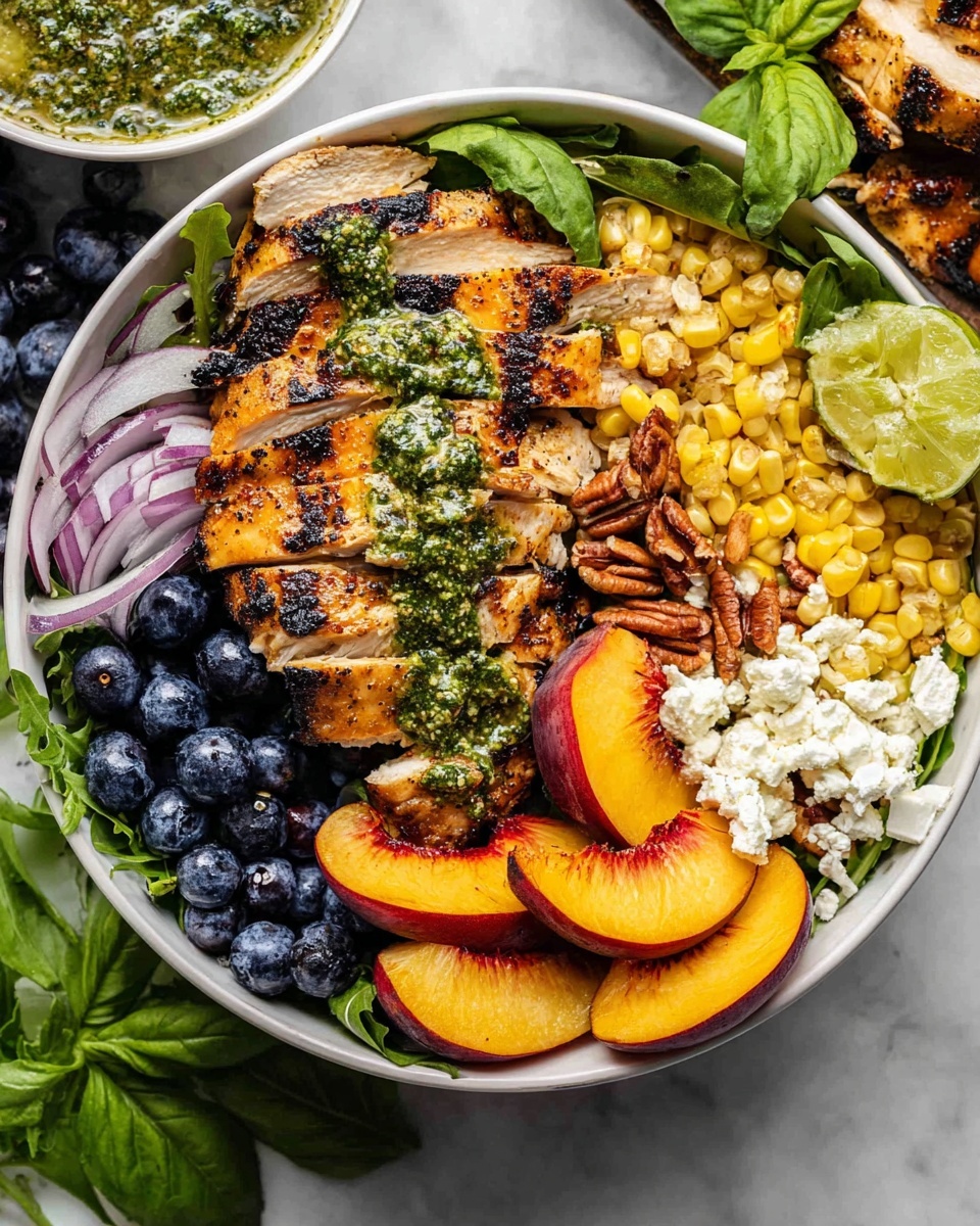 Large white oval platter heaped with a whole grilled chicken salad composed of several grilled chicken fillets seasoned with herbs, surrounded by vibrant grilled peach halves, fresh blueberries, crisp sweet corn kernels, pecan nuts, crumbled feta cheese, and thin slices of red onion atop a bed of mixed leafy greens including spinach and arugula, garnished with lime wedges and fresh basil leaves, styled on a white marble surface with natural lighting, a glass jar of green herb dressing with spoon, whole peaches and blueberries in rustic bowls artistically arranged around the platter, professional food magazine hero shot from a 3/4 angle, photo taken with an iphone --ar 4:5 --v 7