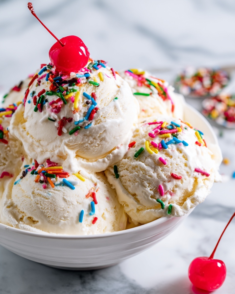 Large white bowl filled with several generous scoops of creamy vanilla ice cream topped with vibrant multicolored sprinkles and a bright red cherry on top, arranged to showcase the full serving of classic ice cream treat, photographed from a 3/4 angle on a white marble countertop with natural lighting, professional food magazine style photo taken with an iphone --ar 4:5 --v 7