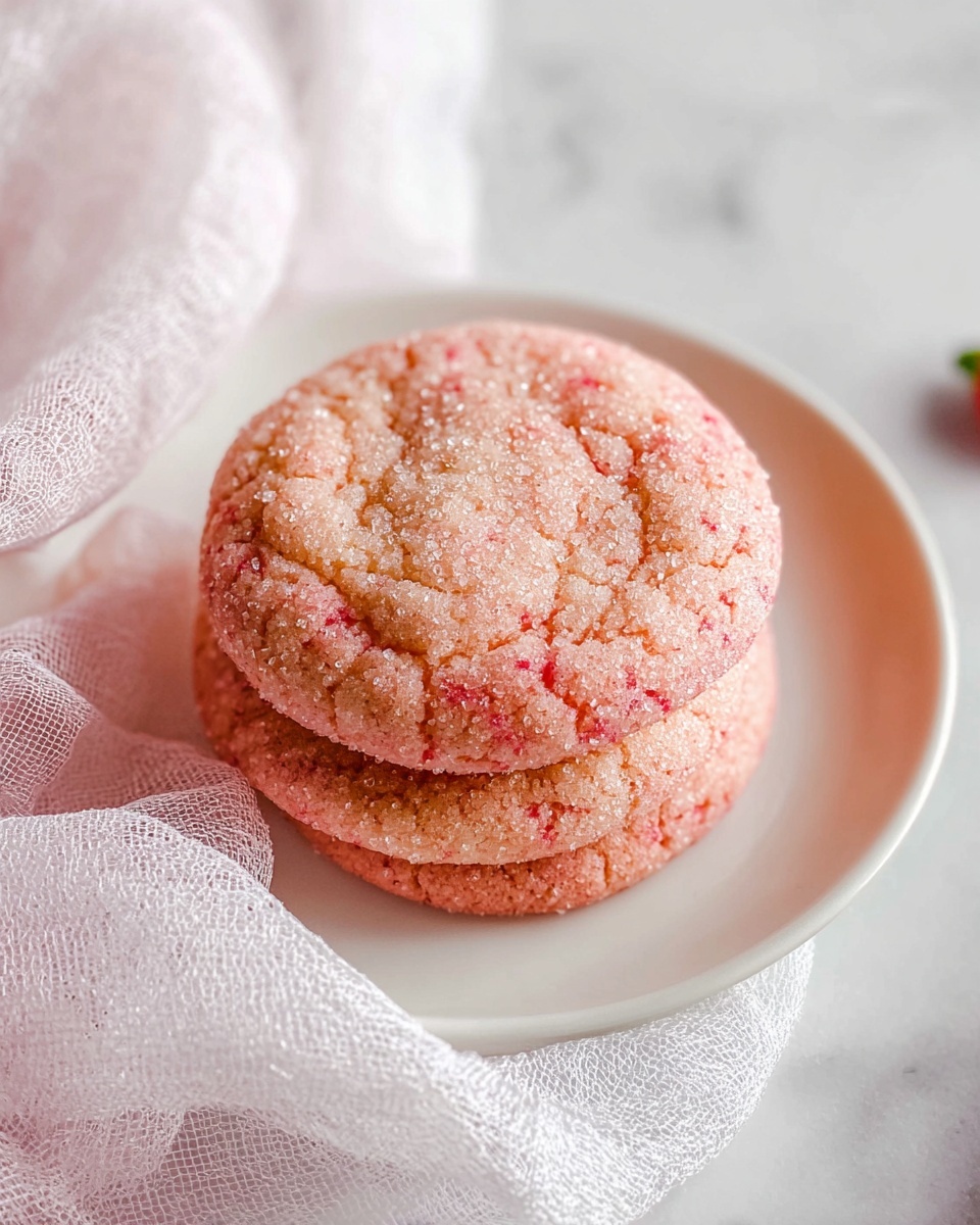 Large white plate overflowing with an abundant stack of fresh strawberry cookies, each sprinkled with coarse sugar crystals for a sparkling finish, whole ripe strawberries and halved strawberries nestled around the base for vibrant color and freshness, presented on a white marble surface with natural lighting capturing the soft texture of the cookies, professional food magazine hero shot photo taken with an iphone --ar 4:5 --v 7