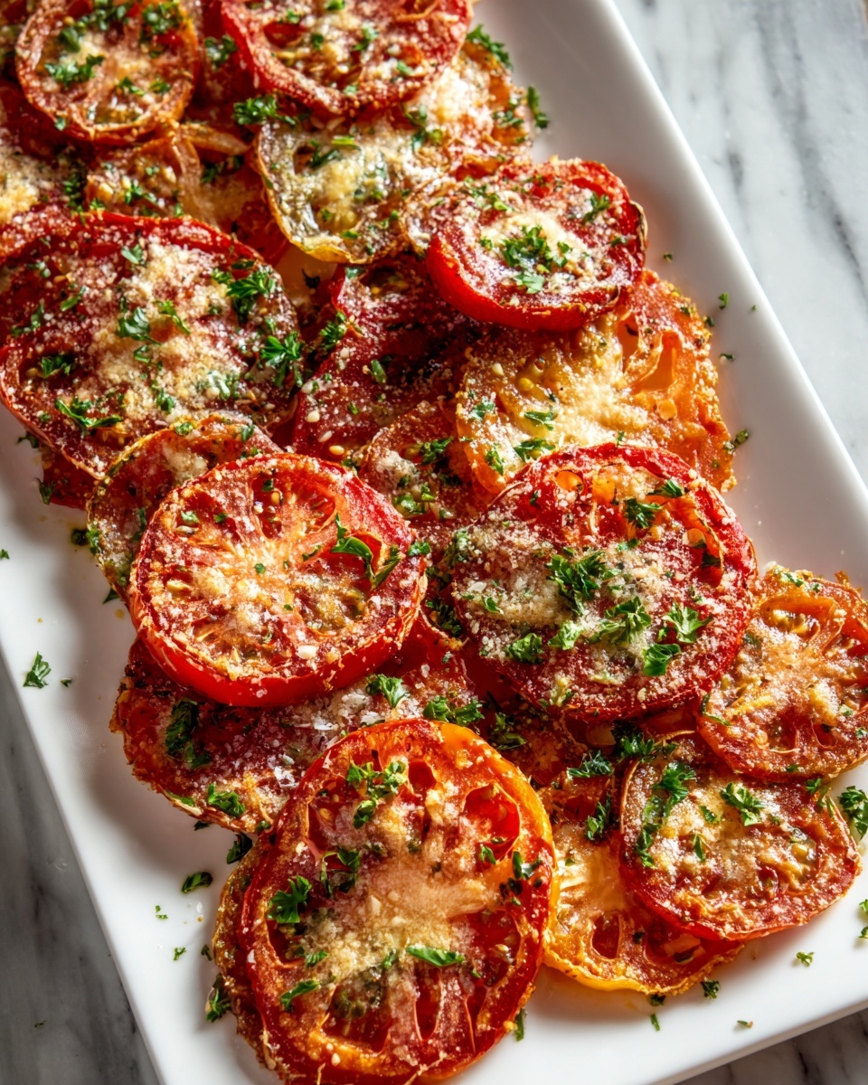 A large white rectangular platter filled with an entire batch of crisp baked tomato slices, evenly spread in overlapping rows, topped with melted Parmesan cheese and finely chopped fresh parsley, showcasing the vibrant red and orange hues of the roasted tomatoes with slightly caramelized edges, all styled on a white marble countertop with natural lighting that highlights the textures and colors beautifully, professional food magazine hero shot, photo taken with an iphone --ar 4:5 --v 7
