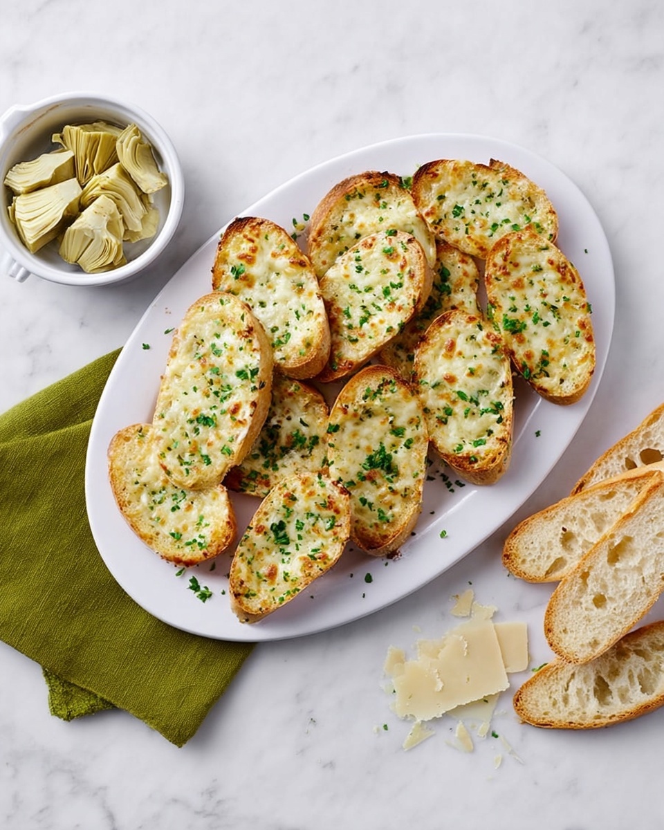 Creamy Artichoke Bruschetta Recipe 6 Large white oval serving platter filled with a whole tray of golden-browned cheesy garlic bread slices, each topped with melted cheese and sprinkled with finely chopped fresh parsley, served alongside a small white ramekin filled with tender marinated artichoke hearts, scattered with rustic Parmesan cheese shards and accompanied by extra slices of crusty baguette bread arranged on a crisp green linen napkin, all set on a pristine white marble countertop with natural lighting, professional food styling photo taken with an iphone --ar 4:5 --v 7