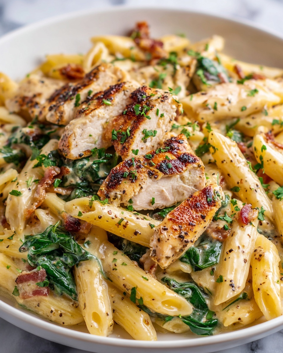 Large white round pan filled with creamy penne pasta tossed with grilled sliced chicken, fresh spinach leaves, crispy bacon bits, and a rich cheese sauce, garnished generously with chopped parsley and cracked black pepper, presented in an impressive full serving, photographed from a 3/4 angle on a white marble countertop with natural lighting, styled like a professional food magazine hero shot, photo taken with an iphone --ar 4:5 --v 7