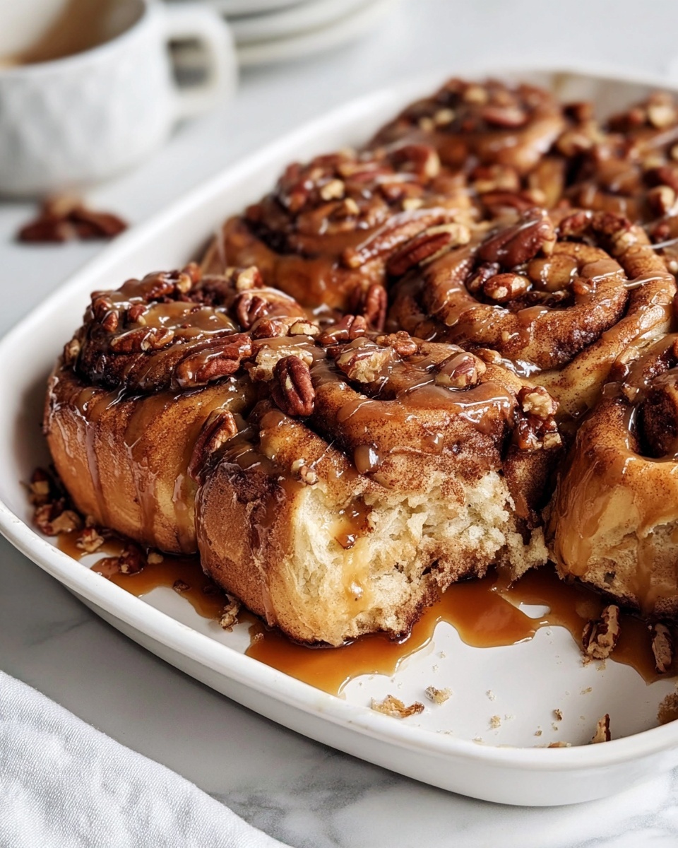 Large white baking dish filled with a whole batch of freshly baked cinnamon rolls, each roll generously swirled with rich cinnamon and dotted with crunchy pecans, topped with shiny caramel sauce drizzling over the warm rolls, professionally styled and photographed from a 3/4 angle on a white marble countertop with natural lighting, capturing the full, uncut, complete dish in a food magazine hero shot style, photo taken with an iphone --ar 4:5 --v 7