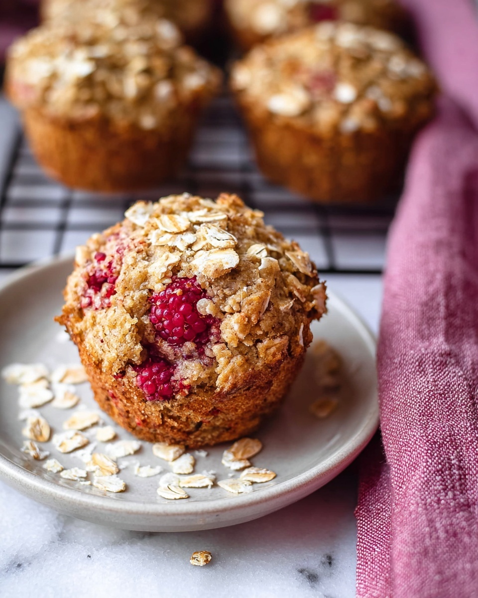 Raspberry Oatmeal Muffins Recipe 6 A full white muffin tray filled with freshly baked oatmeal and raspberry muffins, each topped with oatmeal flakes and studded with whole raspberries, arranged neatly on a dark cooling rack with some scattered oats around, photographed in soft natural light from a 3/4 angle on a white marble background, professional food styling photo taken with an iphone --ar 4:5 --v 7