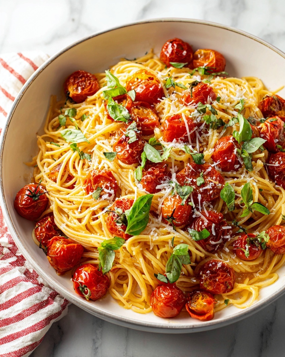 Balsamic Roasted Cherry Tomato Pasta with Fresh Basil and Parmesan Recipe 6 Large white rectangular baking sheet filled entirely with roasted cherry tomatoes glistening with olive oil, sprinkled generously with fresh thyme and cracked black pepper, showing the vibrant red and orange hues of the intact cherry tomatoes perfectly roasted to a slight caramelization, photographed from a 3/4 angle on a white marble countertop in natural lighting, professional food styling photo taken with an iphone --ar 4:5 --v 7