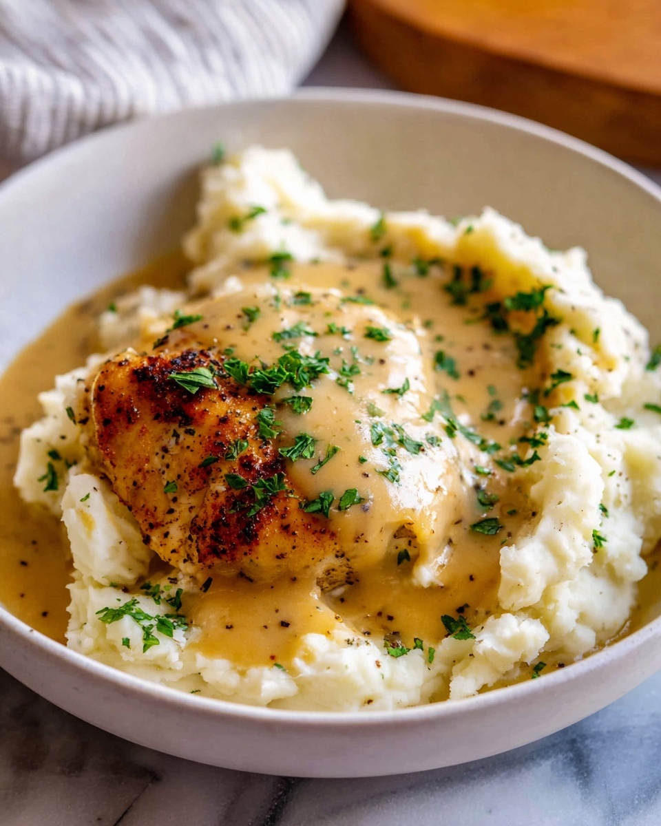 Chicken with Creamy Dijon Sauce and Mashed Potatoes Recipe 6 Large white enameled cast iron pan filled with four perfectly seared chicken portions simmering in a rich and creamy mustard sauce, the sauce smooth and speckled with ground spices, whole dish captured from a three-quarter angle on a white marble countertop, natural lighting highlighting the golden-brown crust on the chicken and the velvety texture of the sauce, professional food magazine-style photo taken with an iphone --ar 4:5 --v 7