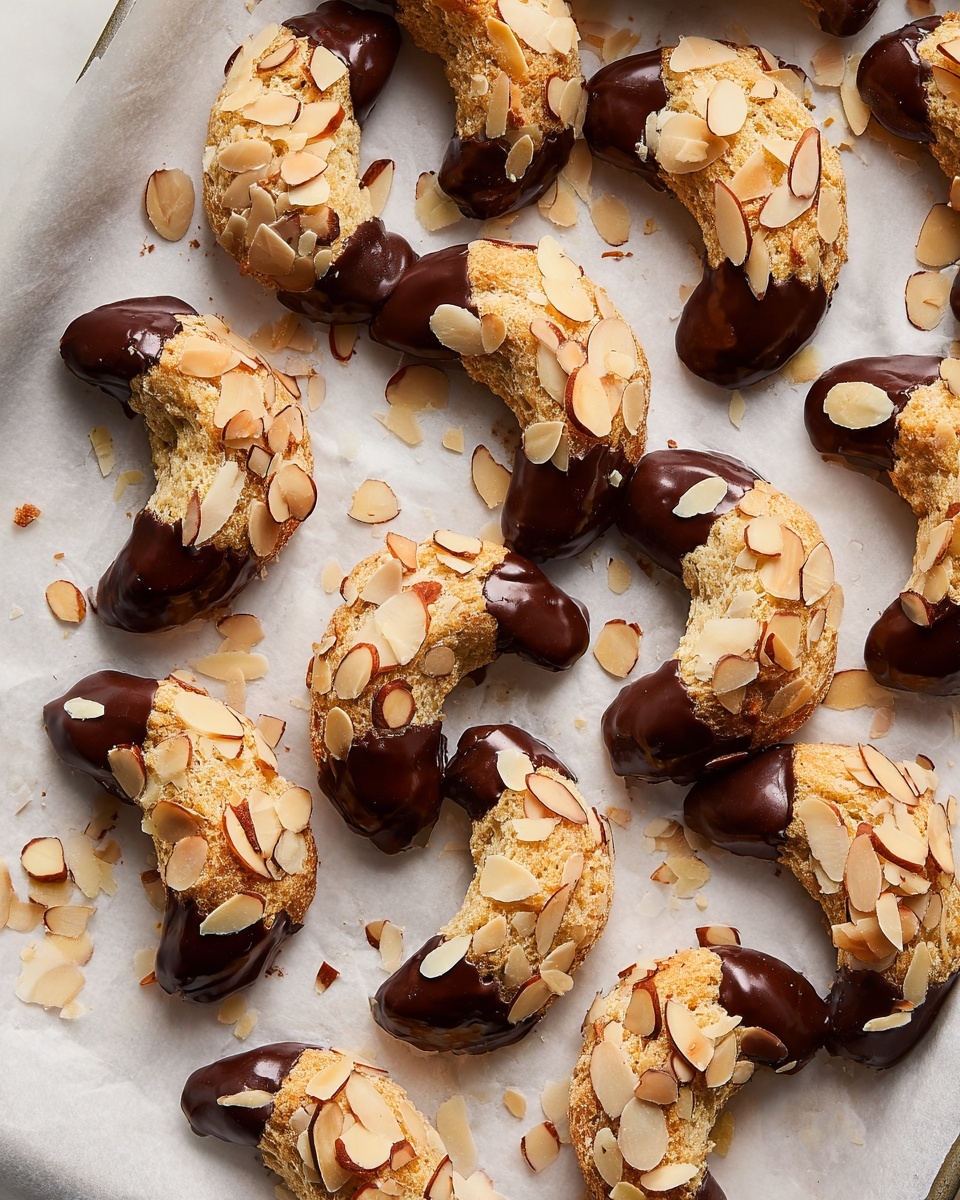 A large white rectangular baking tray filled with multiple almond crescents, each generously topped with sliced almonds and half-dipped in glossy dark chocolate, all arranged closely together on a sheet of parchment paper. The baked crescents have a golden-brown crust with scattered almond pieces, showcasing their texture and chocolate coating, photographed from a 3/4 angle on a white marble countertop with natural lighting, styled as a professional food magazine hero shot, photo taken with an iphone --ar 4:5 --v 7