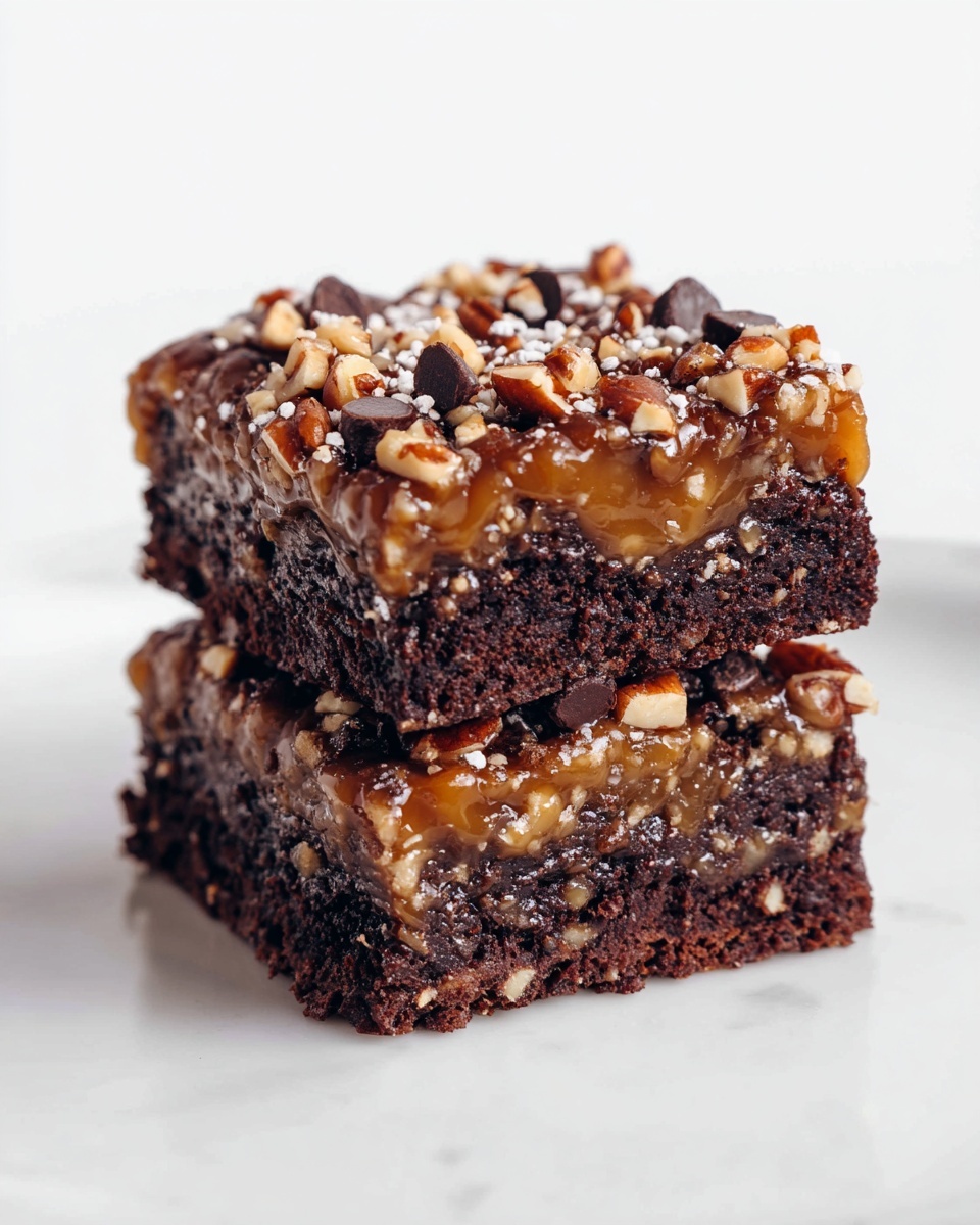 A whole large square baking dish filled with rich chocolate brownies topped with a generous layer of caramel, chopped pecans, and chocolate chips evenly spread across the surface, presented on a white marble countertop with natural lighting, shot from a 3/4 angle capturing the full impressive dessert in frame, professional food magazine style, photo taken with an iphone --ar 4:5 --v 7