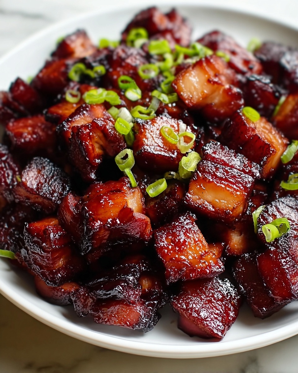 A large white serving bowl filled with generous, glossy chunks of perfectly glazed char siu pork, each piece richly caramelized with a deep mahogany hue and slightly charred edges, topped with fresh, finely sliced green onions for a pop of color and freshness, the whole dish photographed from a 3/4 angle on a white marble countertop with natural lighting, styled as a vibrant hero shot from a food magazine, photo taken with an iphone --ar 4:5 --v 7
