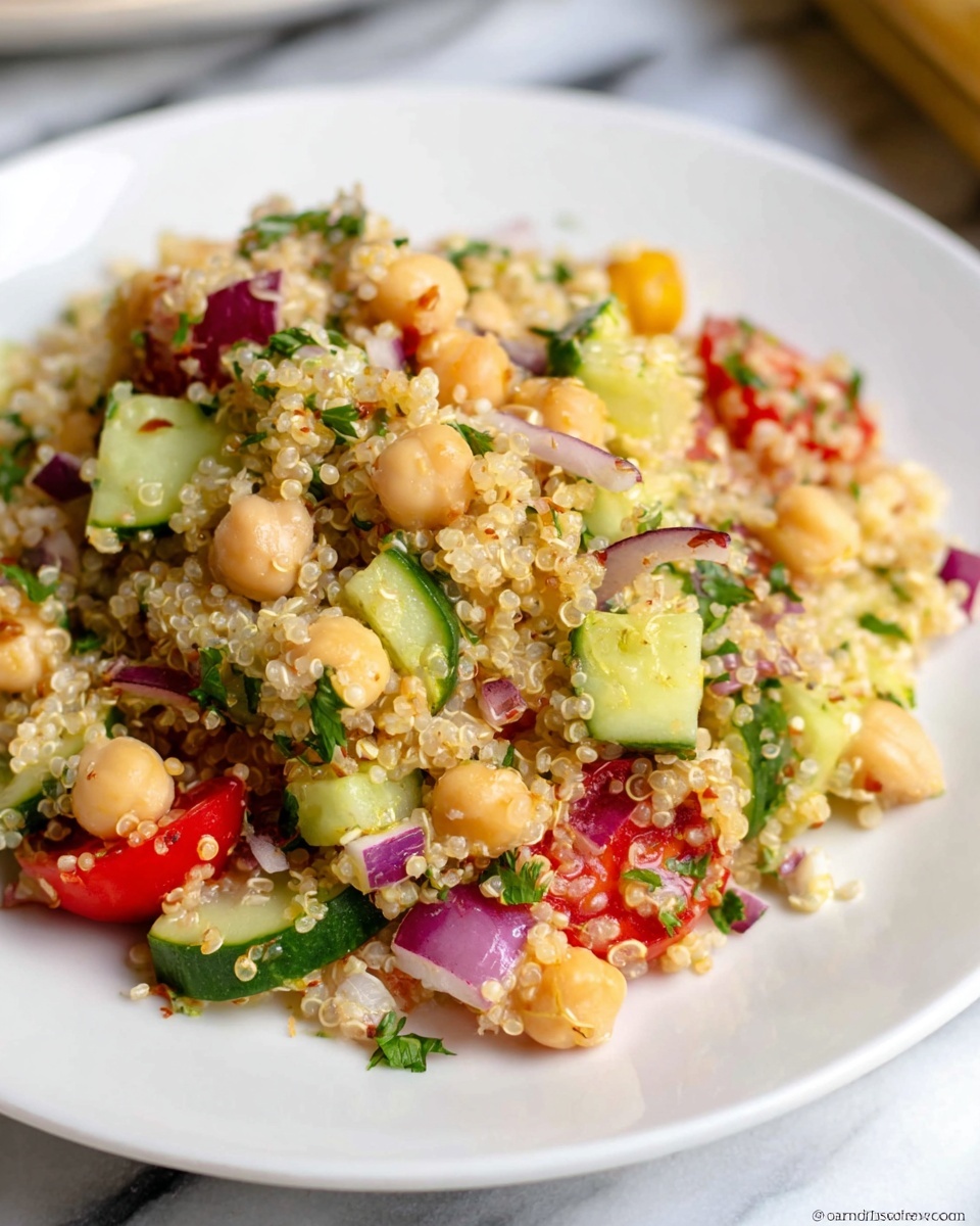 Large white serving bowl filled with vibrant quinoa salad loaded with whole chickpeas, diced cucumbers, cherry tomatoes, red onion pieces, and fresh herbs, garnished with pistachios and tossed in light dressing, showcasing the colorful textures and freshness of the salad, shot from a 3/4 angle on a white marble countertop with natural lighting, professional food magazine style photo taken with an iphone --ar 4:5 --v 7